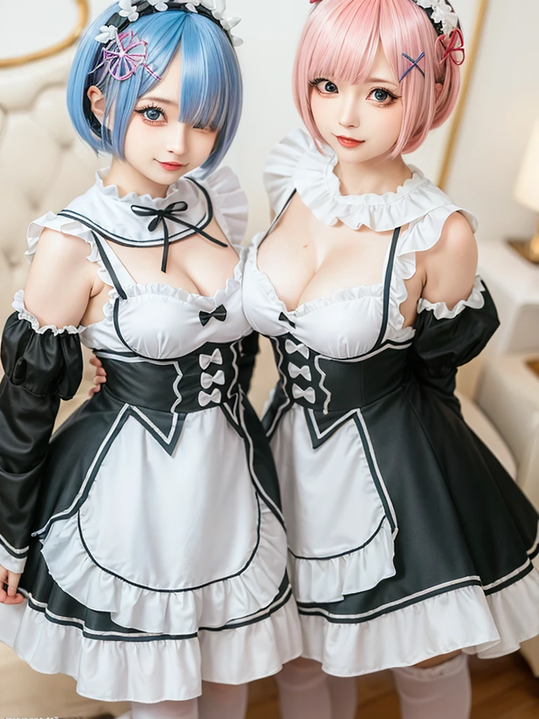 (8K, Photorealistic, Raw photo, of the highest quality: 1.3), (1girl in), Super beautiful, (Realistic face), (boyish, pink Color Berry Shorthair), Beautiful , Glare that captivates the viewer, Beautiful expression, Beautiful breasts, (Realistic skin), Be...Create a detailed and colorful image of Ram and Rem from Re:Zero, standing back-to-back in their maid outfits, with a magical fantasy background、14years old, two girls,cute, perfect face, beautiful, nice body, gothic ta clothes, gothic loliashion, frilly skirt, headdress, necklace, bracelet, knee-high socks, boots, double eyelids, tear bags, Detailed down to the fingers, photo-like description, indoors, dim indoor lighting, one girl is pink hair and short bob, another girl is light blue hair and short bob,standing, sexy posing,whole body, composition that shows the whole body, smiling,The Both of them are wearing the same type of maid outfit,Optimal ratio of 4 fingers and 1 thumb