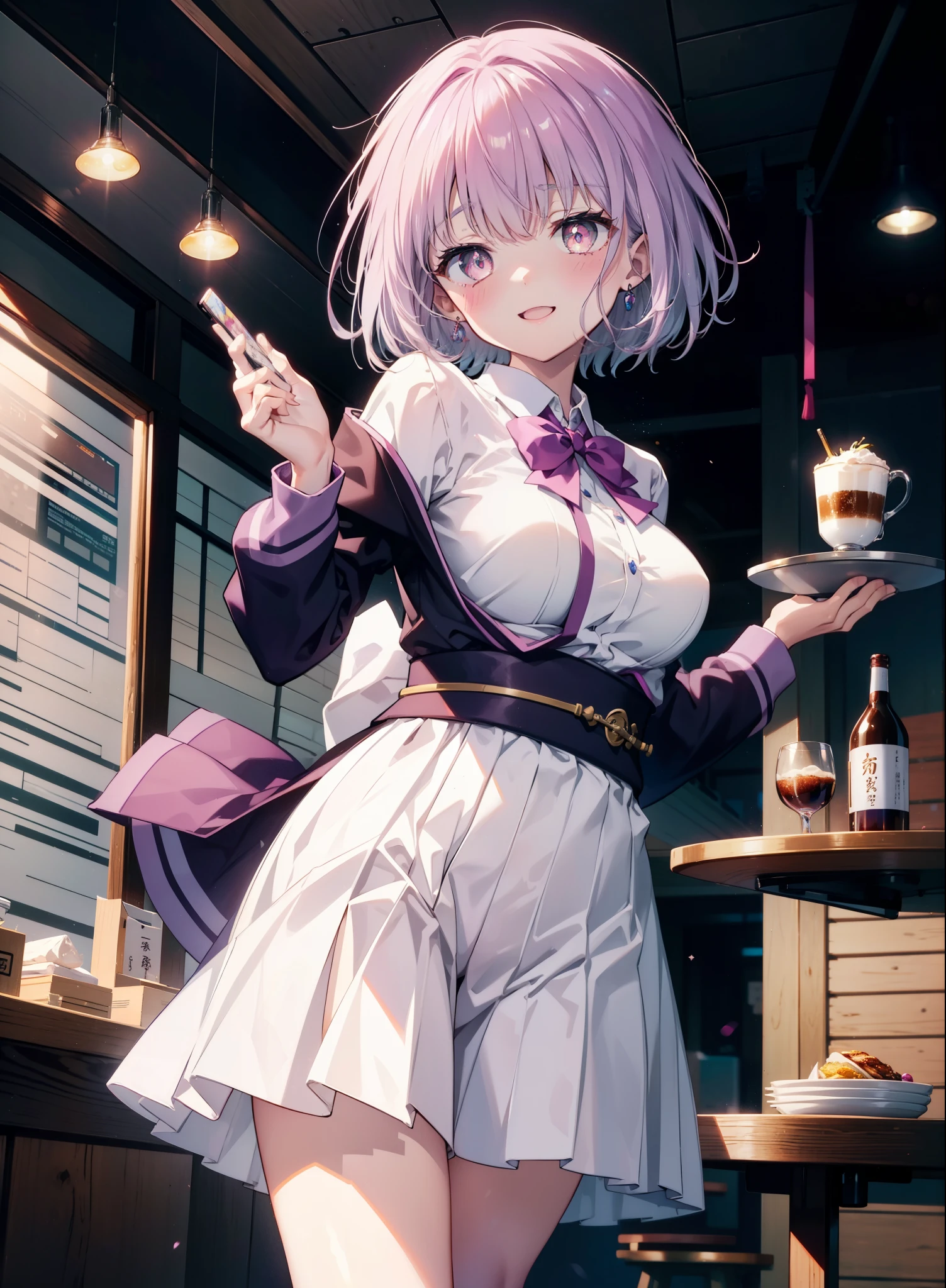 akaneshinjou, shinjou akane, Light purple hair, (Pink Eyes:1.2), short hair,Akabu Glasses,happy smile, smile, Open your mouth,blush,Idol-style white kimono,long furisode,White mini skirt,White tights,Sandals,tray, tray in one hand,A beautiful waitress with 長い髪 comes to the table to take our order,It&#39;s as if your whole body is in the illustration.,Maid Headless, break looking at viewer, (Cowboy Shot:1. 5) break indoors, coffee shop, break (masterpiece:1.2), highest quality, High resolution, unity 8k wallpaper, (shape:0.8), (Beautiful and beautiful eyes:1.6), Highly detailed face, Perfect lighting, Extremely detailed CG, (Perfect hands, Perfect Anatomy),