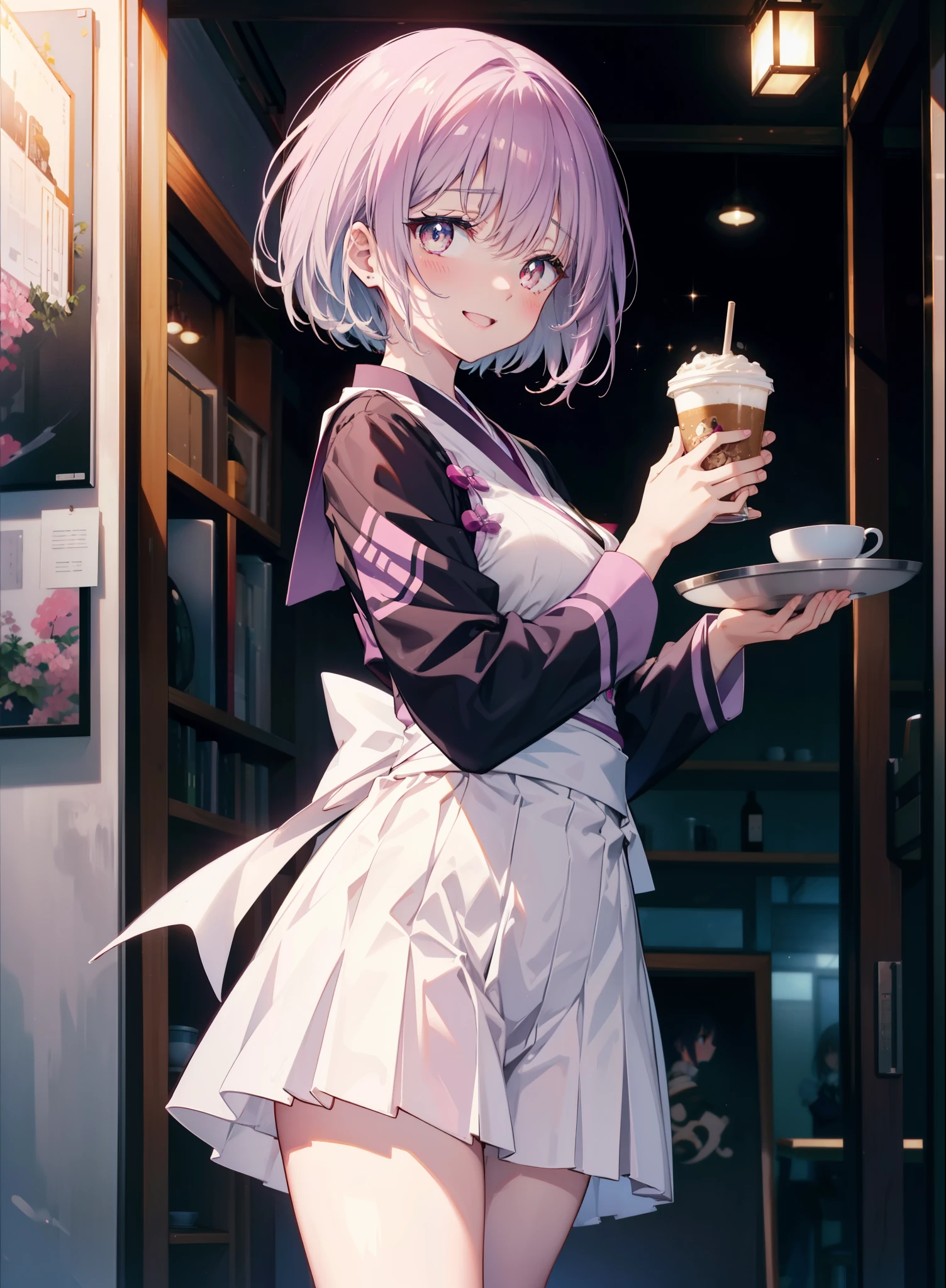 akaneshinjou, shinjou akane, Light purple hair, (Pink Eyes:1.2), short hair,Akabu Glasses,happy smile, smile, Open your mouth,blush,Idol-style white kimono,long furisode,White mini skirt,White tights,Sandals,tray, tray in one hand,A beautiful waitress with 長い髪 comes to the table to take our order,It&#39;s as if your whole body is in the illustration.,Maid Headless, break looking at viewer, (Cowboy Shot:1. 5) break indoors, coffee shop, break (masterpiece:1.2), highest quality, High resolution, unity 8k wallpaper, (shape:0.8), (Beautiful and beautiful eyes:1.6), Highly detailed face, Perfect lighting, Extremely detailed CG, (Perfect hands, Perfect Anatomy),