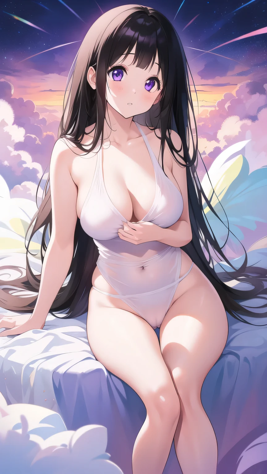 Stunning Chitanda, There is only one beautiful girl,Purple Eyes, Black Hair, Naturally straight hair, Straight bangs,Extremely refined,Open your lips,Face is so red,The skin is very white,big eyes,Long flowing hair,beautiful girl, Like a dream,Slim,Soft, (Sensual), (Kawaii), Dream quality,naked,Large Breasts,in the sky,Sitting on the clouds,Fell asleep,no pants,transparent,Clavicle exposed,Naked Neck,Naked with exposed thighs,Exposing the groin,Camel toe,Naked legs,barefoot,extremely shy,Ultra-high resolution, (masterpiece:1.2, best quality), (Exquisite and beautiful eyes: 1.2), (Beautiful and delicate face)