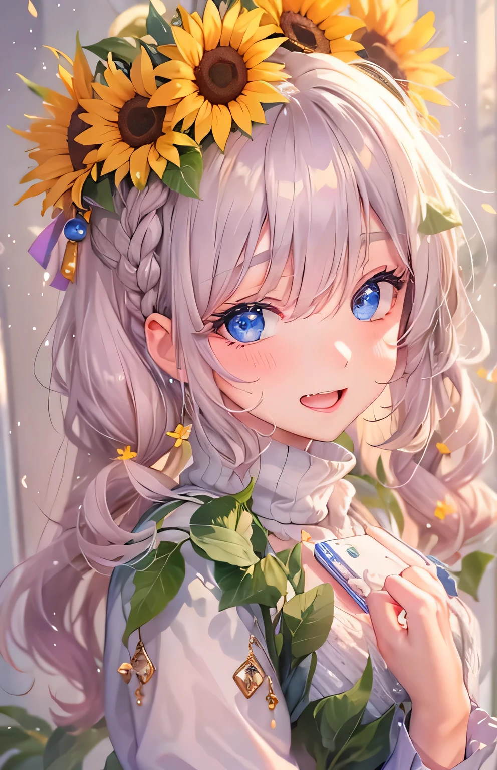 ((highest quality)), ((masterpiece)), (Get used to it), Perfect Face , beautiful girl , sunflower , Princess hairstyle ,