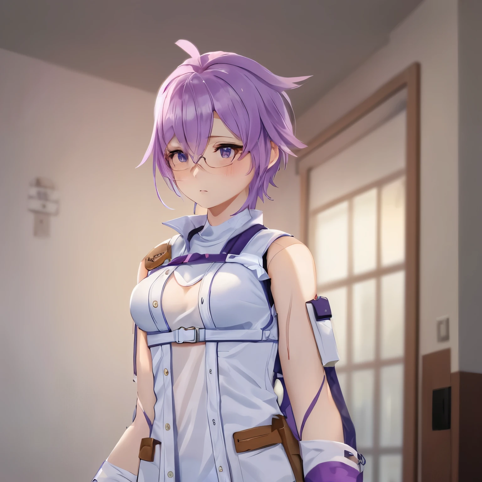 highest quality,High resolution,HDR, 8K HD,The finer details, Exact number of legs,Exact number of arms, (Perfect hands, Perfect ???????),Absurd, Bright colors, extremely beautiful detailed anime face,Realistic lighting, Beautiful subtle sparkle, Indoors,alone,(((22 year old girl))), Beautiful and attractive anime teen, Glasses,Purple Hair,No bra, (Sleeveless lift:1.6) ,(((transparent white t-shirt))), Transparent underwear, Beautiful breasts, (((Small breasts))), Indoors, Open your mouth, Thighs,blush, Narrow eyes, White skin, (((The woman has a shy expression))), (((Women are waiting))) ,(Camel Toe),Light Layer, Shiny skin,