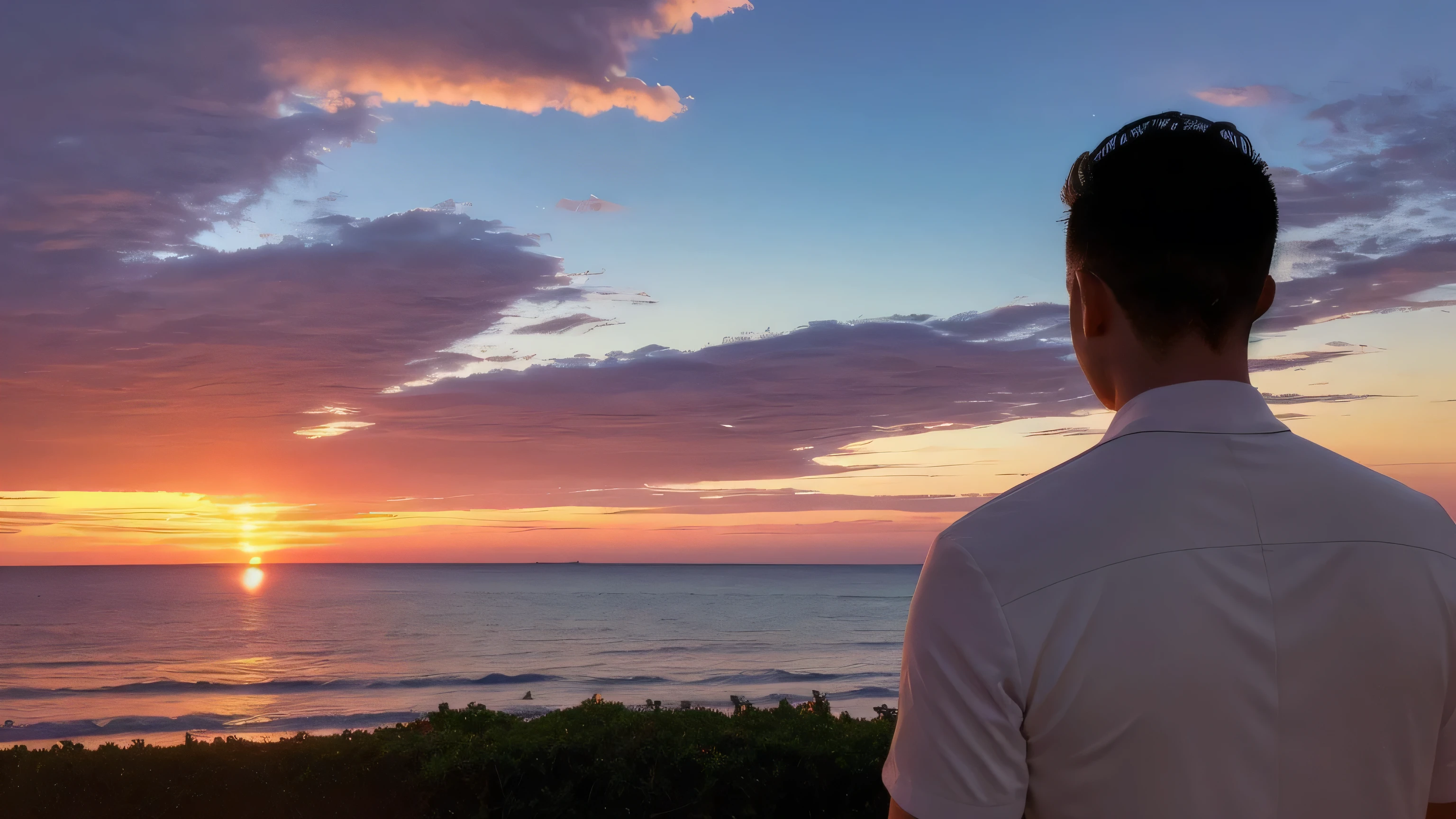 coastal、Back view of a man looking into the distance、beautiful sunset、high resolution、
