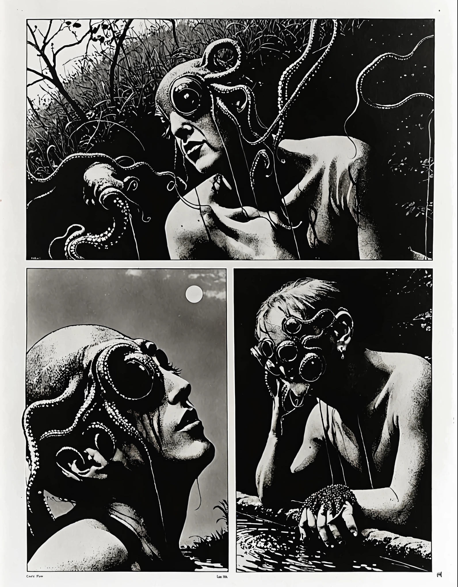 He began to get out of the pond from one side of it where the water barely covered his naked sex.. Looking around again he felt a strange sensation of feeling like he was the target of strange gazes.. It wasn't just the small floating sphere that observed his movements, Over there, con ella, There was something or someone else and she was not able to identify what it was or where the danger that her sixth sense was warning her was..
Fear began to take over her when she noticed a dull, faint sound coming from an immense pale yellow bell-shaped flower located about two meters above her head.. La flor, that was partially closed was opening disproportionately, revealing strange, thin amber tentacles that moved madly., twisting around each other in a dance of power to reach a victim who was far from their reach. Carmen's panic appeared and her instinct did the same.: run as fast as he could from that pond that barely covered his feet anymore.
a.PORTADA DE LUJO PARA UN LIBRO, cinematographic, 8k , ESTILO SANDMAN NEIL GAIMAN la prostituta del burdel y el poeta (La mejor calidad, Altas Resoluciones, realista:1.37), ultra detallado,