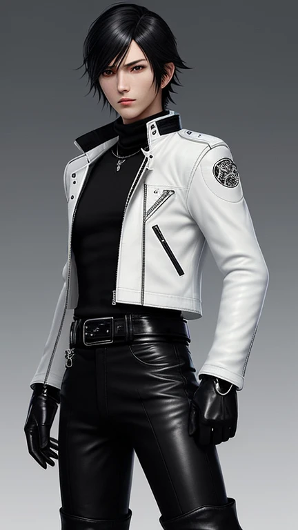 Final fantasy taste graphics, Japanese young cute and cool boy, thin eyebrows and beady eyes, he wearing shiny off white leather singlebrest jacket, with epaulet, jacket is zipped, jacket pattern is a little black lines, jacket collar is high length stand-up collar with belt, also wearing black turtleneck, black leather pants, black leather tight and thin glove, black leather knee-high raceup boots, head-to-toe, whole body, final fantasy style、Handsome、Clear eyes and nose、White single leather jacket、Black turtleneck、Black leather pants、black leather handbag、Black lace-up leather long boots