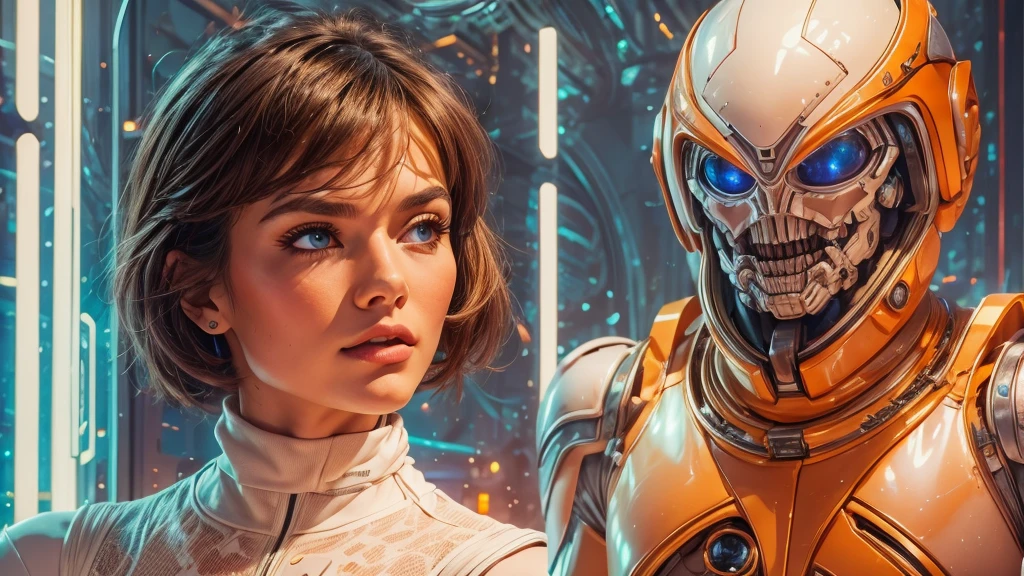 arafed image of a white woman in a futuristic suit with a spaceship in the background, movie art, in front of an orange background, inspired by Robert McGinnis, female protagonist, megastructure in the background, portrait of an ai astronaut, astronauts, an astronaut, portrait of a astronaut skeletor, perfect android girl, detailed eyes, perfectly detailed teeth, frank franzzeta and sakimichan  