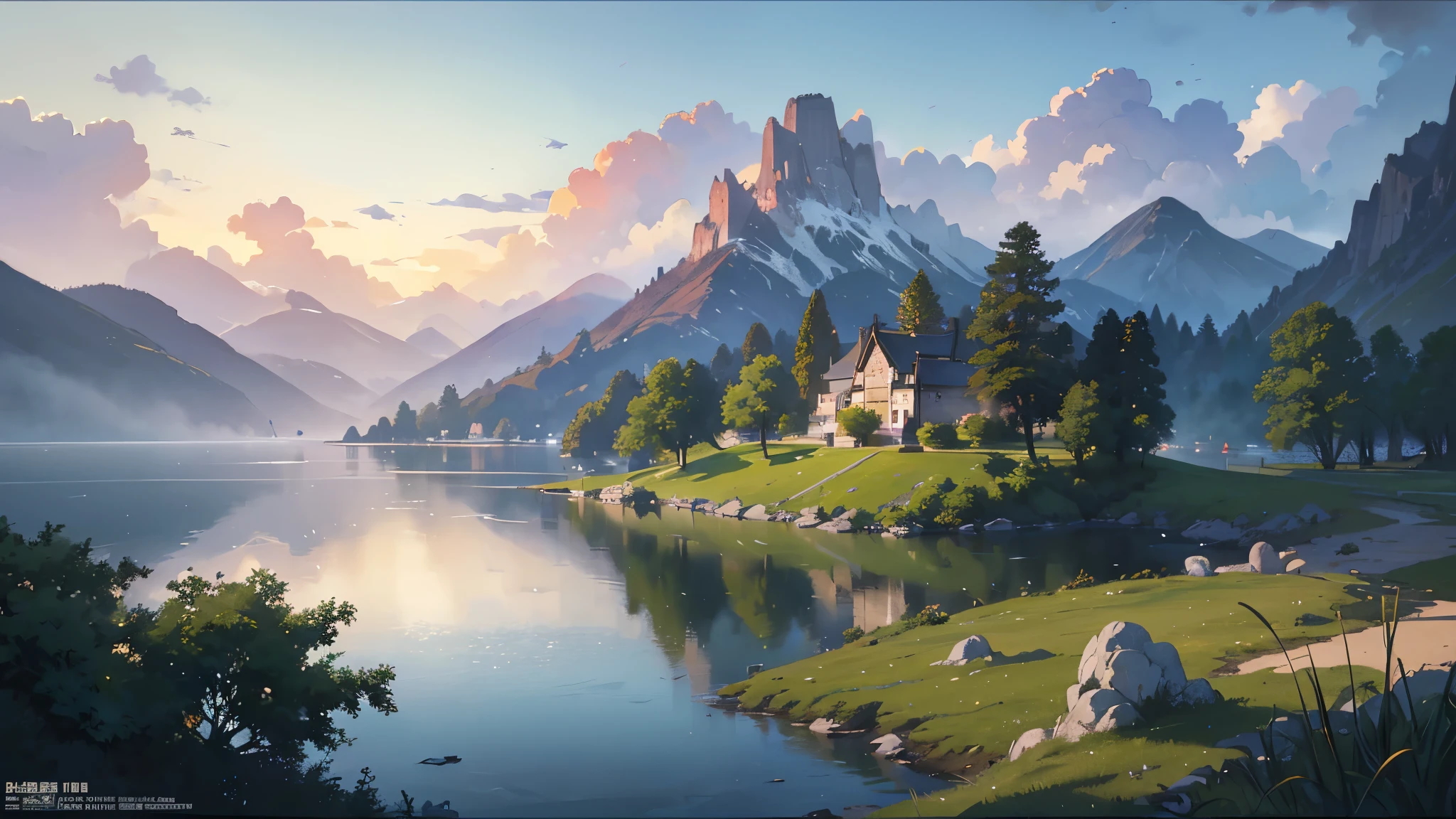 (highest quality、High resolution、masterpiece)、(Anime Art 4k)、(Photorealistic)、((Beautiful landscape photography))、((There is no one))、Cinema Lighting、Ray Tracing、Soft Light、Landscape painted on a foggy morning、Nice views、pastoral landscapes、Lake and mountains in the distance background々、(Sargent-style watercolor)、(Edmund Leighton Style)、