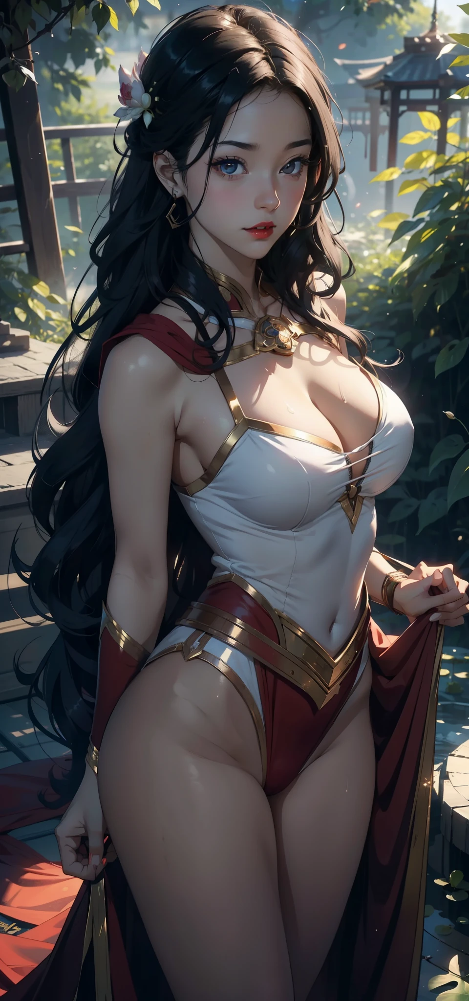 1 female,35 years old,Slim,Very large ,Big breasts and thin waist,Long legs,White skin,Red lips, 1 female,35 years old,MILF,Big breasts and thin waist,Slim,Large chest ,exposure, solo,(background:forest,lotus,lotus,lotus池) She has long black hair,curls,Long hair flying,Stand up,Sweating,Soaked,From the front, Straight Hair, partly cloudy,(((masterpiece),(Very detailed CG unified 8K wallpaper),Best quality,Movie Lighting,細緻的background,Beautiful and delicate eyes,Smart pupils,black eyes,(Very delicate and beautiful),(Beautiful and detailed description of the eyes),Ultra Detailed,masterpiece,)),Facing the camera,high resolution,Ultra Detailed),Exposing breasts,Exposed genitals, Convex,Legs open,Convex起性感,camel toe,Super Girl(Wear:Red and blue Superman costume)