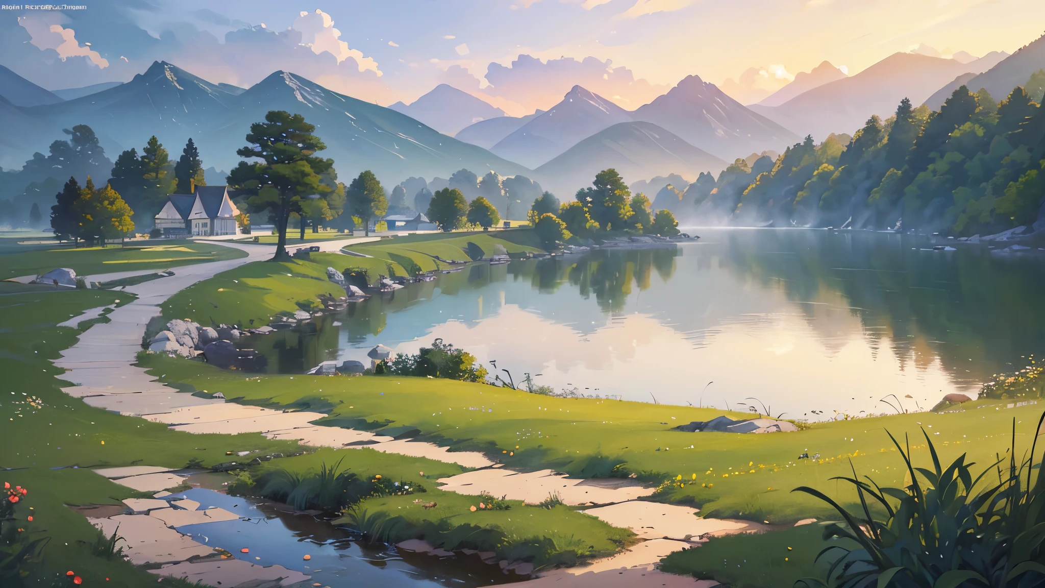 (highest quality、High resolution、masterpiece)、(Anime Art 4k)、(Photorealistic)、((Beautiful landscape photography))、((There is no one))、Cinema Lighting、Ray Tracing、Soft Light、Landscape painted on a foggy morning、Nice views、pastoral landscapes、Lake and mountains in the distance background々、(Sargent-style watercolor)、(Edmund Leighton Style)、