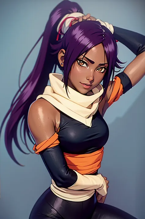 (best quality, highres:1.1), shihouin yoruichi, orange shirt, black leggings, shirt accessory, waist accessory, scarf, leg warme...