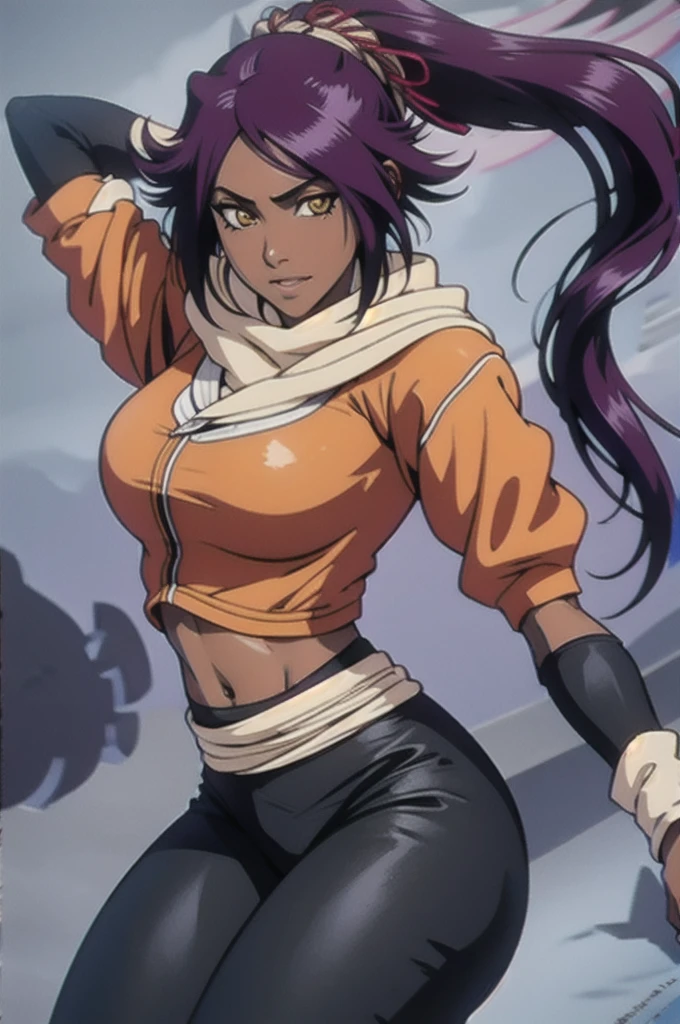 (best quality, highres:1.1), shihouin yoruichi, orange shirt, black leggings, shirt accessory, waist accessory, scarf, leg warmers, shoulder pads, detached sleeves,  1girl, solo, dark skinned female, dark skin, ponytail long hair, parted bangs, purple hair, yellow eyes, 