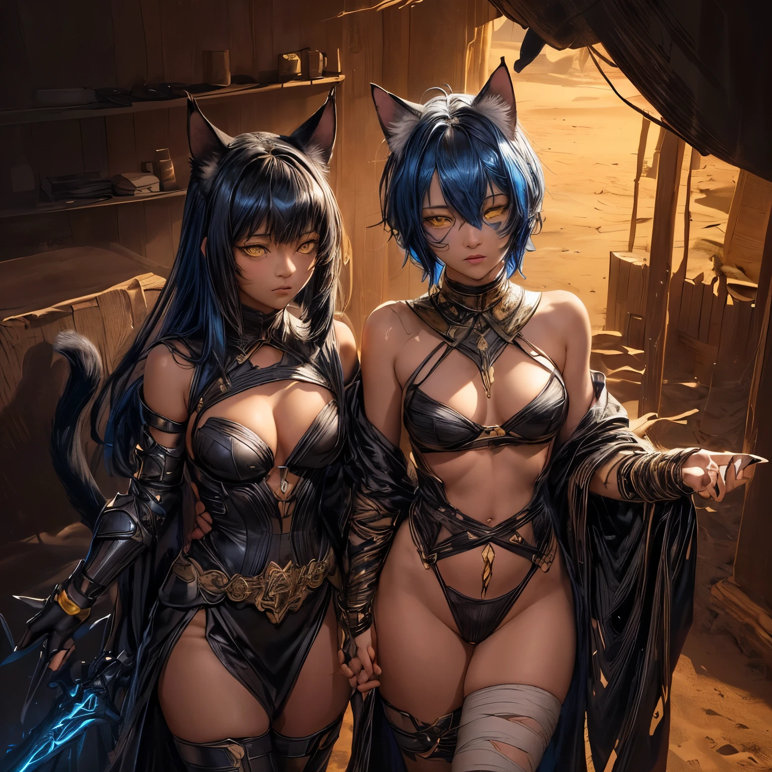 masterpiece, best quality, ultra-detailed, illustration, epic lighting, cinematic composition, (low key, dark theme:1.2), (sharp:1.1), 2d, anime, ankha:1.05, beautiful, (yellow skin:1.1), furry, (striped cat tail:1.1), cat ears, (short blue hair:1.1), bangs, (yellow eyes, glowing eyes:1.1), focus on the eyes, seducing gaze, captivating pose, bandages, sarashi, (half-closed eyes:1.1), tired, cowboy shot, frown, desert, sand, oasis, egyptian, (glowing in the dark, emerging from the shadows, dark, darkness, dark room, pitch black, shadows, shaded face:1.2), (8k:1.1),