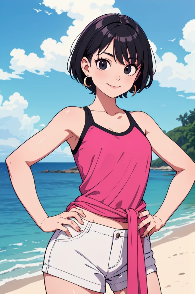 (masterpiece, best quality), fasha, 1 girl, solo, black eyes, black hair, short hair, spiked hair, earrings, pink bikins, bare shoulders, standing up, beach background, blue skies, smiling, seductive, cowboy shot, hands on hips