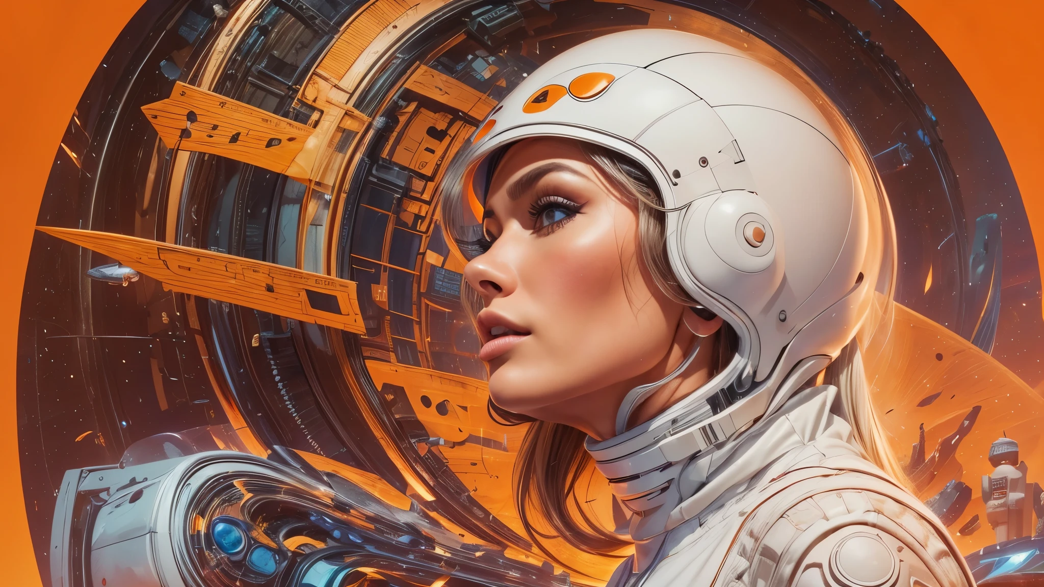 arafed image of a white woman in a futuristic suit with a spaceship in the background, movie art, in front of an orange background, inspired by Robert McGinnis, female protagonist, megastructure in the background, portrait of an ai astronaut, astronauts, an astronaut, portrait of a astronaut skeletor, perfect android girl, detailed eyes, perfectly detailed teeth, frank franzzeta and sakimichan  