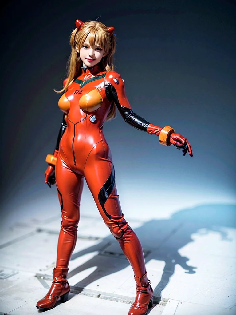 best quality, masterpiece, realistic, photorealistic, 1girl, solo, looking at viewer, full body, wariza, long hair, asuka cosplay costume, cosplay, plugsuit, bodysuit, hair ornament, simple background, Beautiful expression, Beautiful breasts,exy posing,whole body, composition that shows the whole body, smiling,standing posing