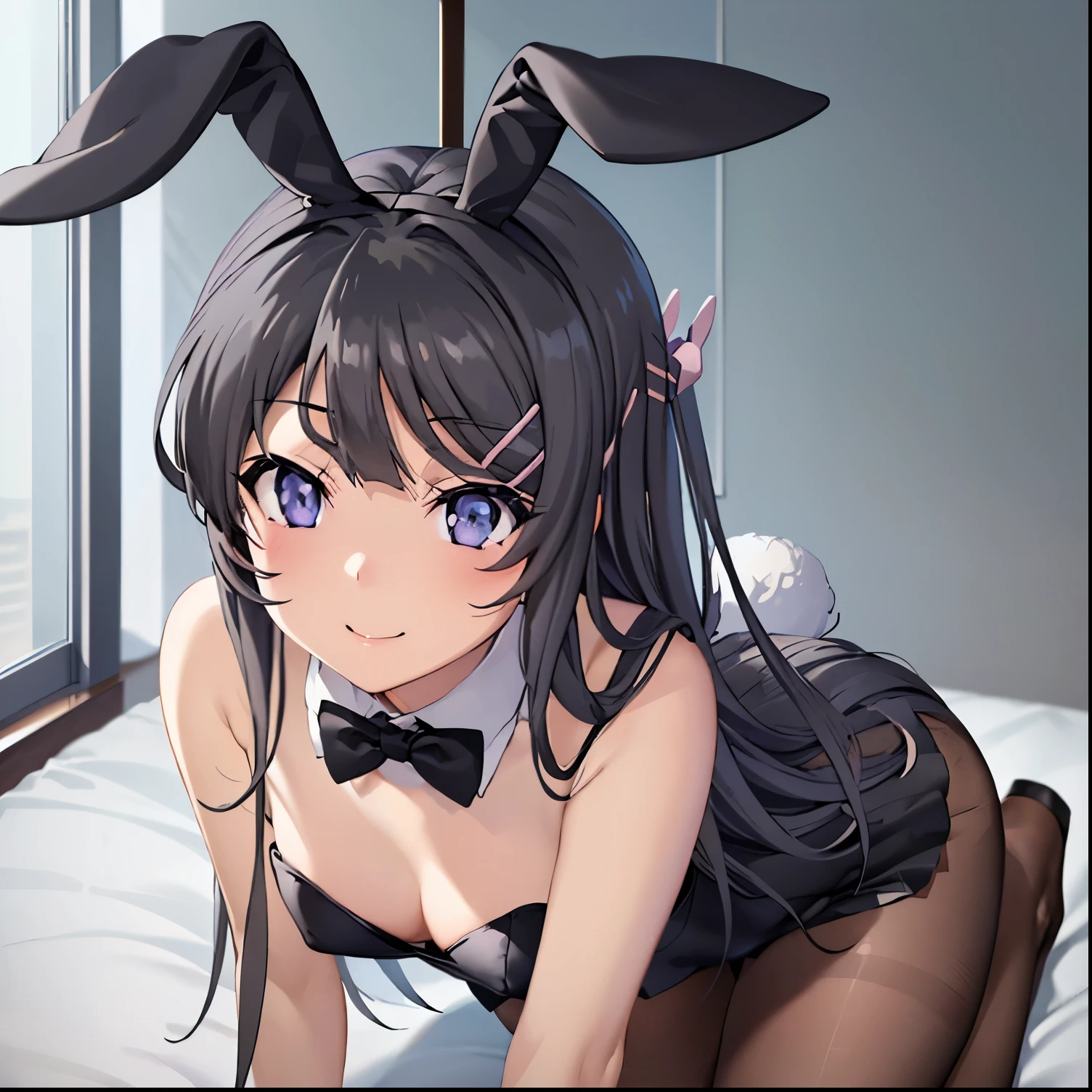 1girl, sakurajima mai, long hair, bangs, (black hair:1.5), hair ornament, (purple eyes:1.1), (hairclip), (blush:1.1), (smile:1.2), medium breasts, Naked, Exposed skin, (bunny girl:1.5), (black mesh tights:1.2), (black bunny girl costume:1.2), (all fours:1.3),
 (on bed:1.3), (window:1.3), in room,
 looking at viewer, (high angle shot:1.2), (masterpiece:1.2), best quality, high resolution, unity 8k wallpaper, (illustration:0.8), (beautiful detailed eyes:1.6), extremely detailed face, perfect lighting, extremely detailed CG, (perfect hands, perfect anatomy)