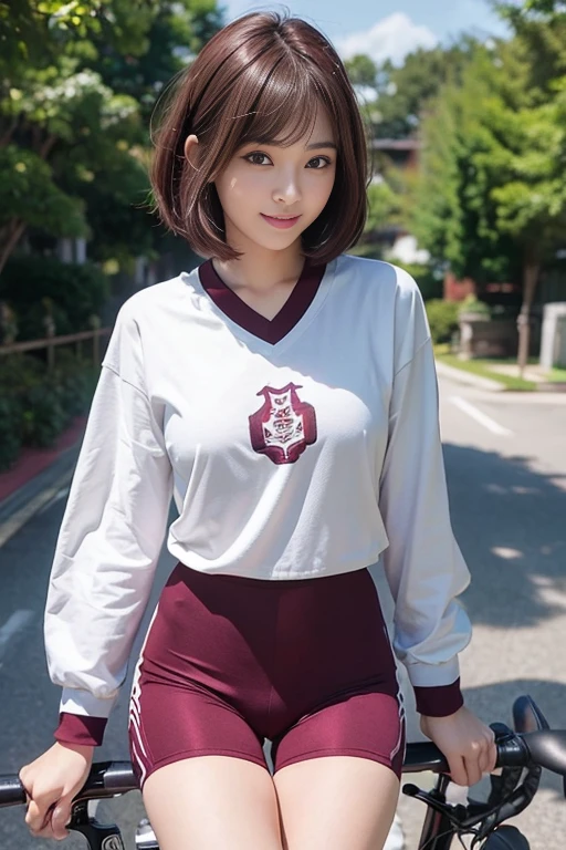 cute japanese college student、21 years old、Super detailed face、Attention to detail、double eyelid、Beautiful thin nose、Sharp focus:1.2、Beautiful woman:1.4、(Maroon brown hair、Short Hair)、(Detailed facial features)、Brunette eyes、natural bangs、White skin、highest quality、masterpiece、超A high resolution、(Photorealistic:1.4)、Highly detailed and professionally lit smile、looking at the camera、Medium Bob Hair、Bright lighting、Professional Lighting、Smooth lighting、One person is standing、(Long sleeve cycling jersey), Tricolor patterned clothing、Black shorts