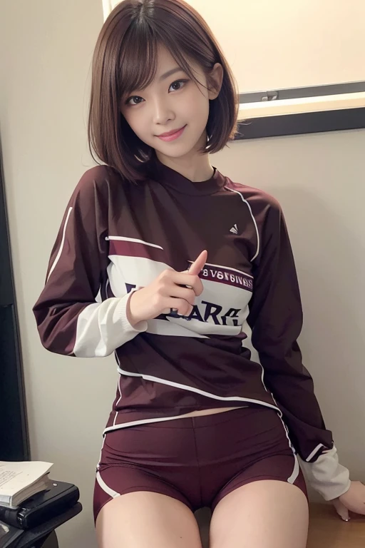 cute japanese college student、21 years old、Super detailed face、Attention to detail、double eyelid、Beautiful thin nose、Sharp focus:1.2、Beautiful woman:1.4、(Maroon brown hair、Short Hair)、(Detailed facial features)、Brunette eyes、natural bangs、White skin、highest quality、masterpiece、超A high resolution、(Photorealistic:1.4)、Highly detailed and professionally lit smile、looking at the camera、Medium Bob Hair、Bright lighting、Professional Lighting、Smooth lighting、One person is standing、(Long sleeve cycling jersey), Tricolor patterned clothing、Black shorts
