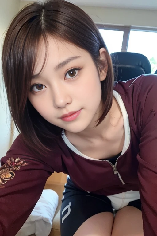 cute japanese college student、21 years old、Super detailed face、Attention to detail、double eyelid、Beautiful thin nose、Sharp focus:1.2、Beautiful woman:1.4、(Maroon brown hair、Short Hair)、（Detailed facial features）、Brunette eyes、natural bangs、White skin、highest quality、masterpiece、超A high resolution、(Photorealistic:1.4)、Highly detailed and professionally lit smile、looking at the camera、Medium Bob Hair、Bright lighting、Professional Lighting、Smooth lighting、One person is standing、(Long sleeve cycling jersey), Tricolor patterned clothing、Black shorts