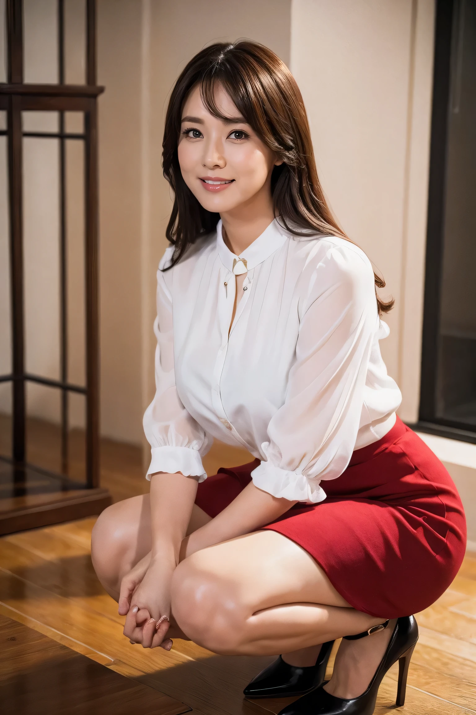 Medium display, Medium Shot, Written boundary depth, bust, movie angle, masterpiece, highest quality, Very detailed, CG, 8k wallpaper, Beautiful Face, Delicate eyes, Otome, alone, smile, Crouching、blouse、High-class skirt、High heels