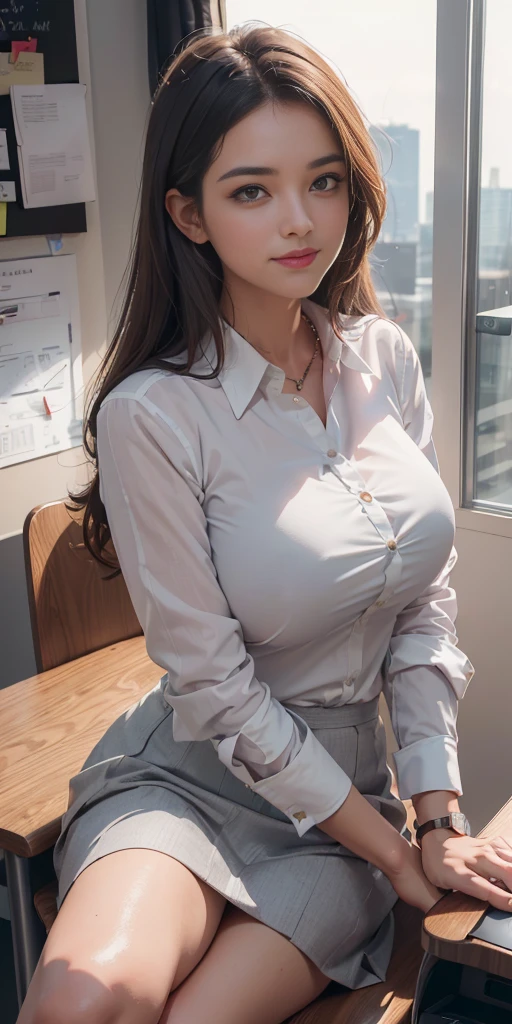 ((Best Quality, 8k, Masterpiecedetails, ultra-high resolution)), (group picture),(looking at the viewer), (full shot:), attractive business 5 milfs, 5 people, a bit chubby:0.25, seductive expression, white collared shirt, grey skirt, (sitting with cross legs on office desks)), smile, office of CEO