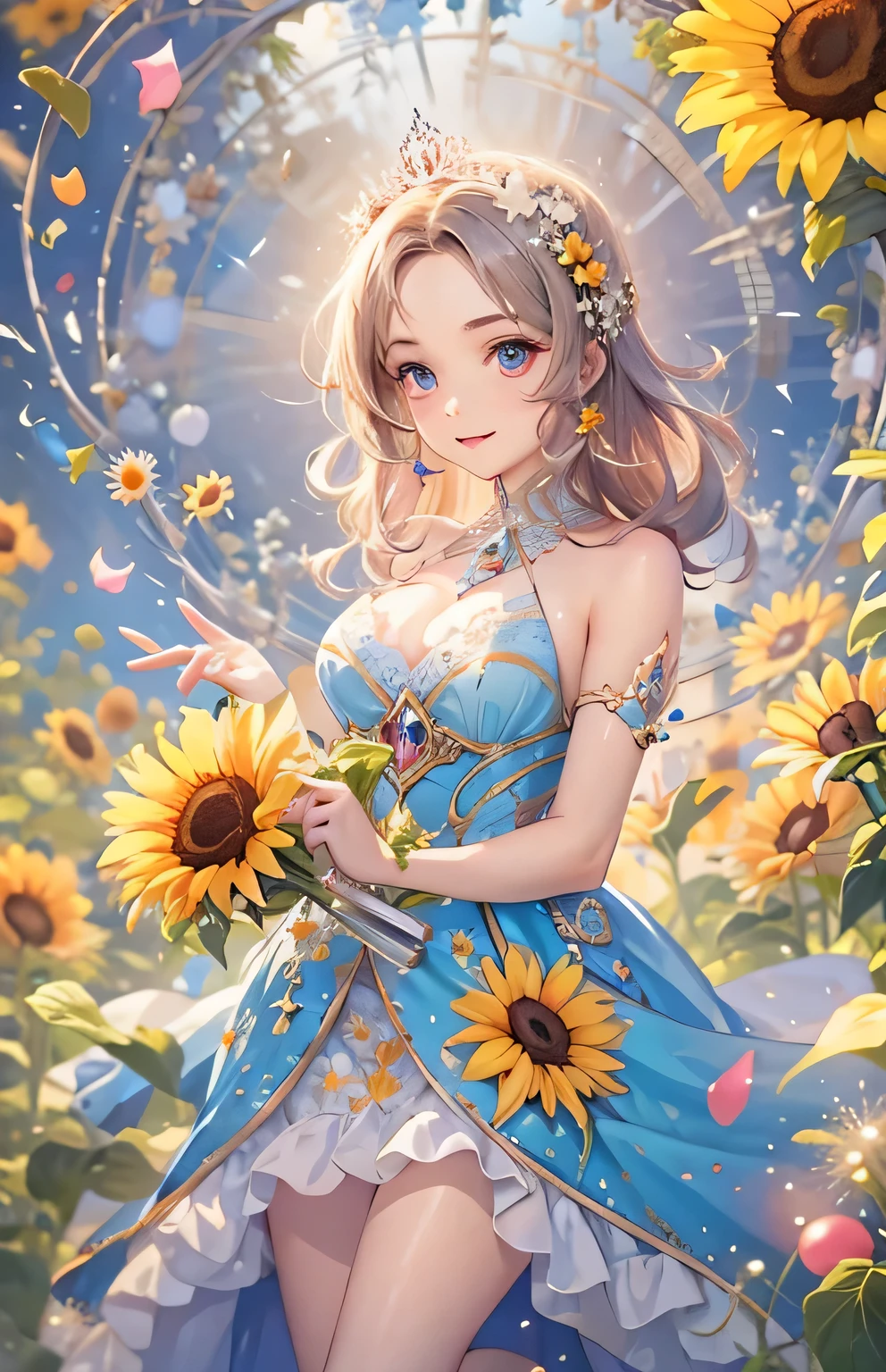 ((highest quality)), ((masterpiece)), (Get used to it), Perfect Face , beautiful girl , sunflower , Princess hairstyle , Princess Dress ,