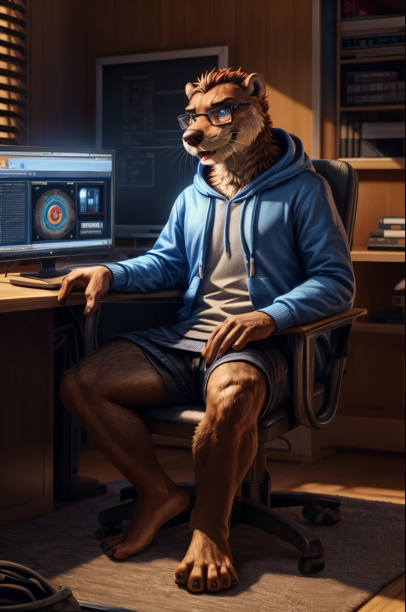 (((Barefoot furry character, full body, cinematic setting, furry male, plantigrade))) 

computer class scene with a tech-savvy otter ((teacher)) wearing a hoodie and glasses, sitting at a computer desk surrounded by monitors and circuit boards. This otter represents the evil embodiment of ICT as a school subject, depicting stereotypes and prejudices towards ICT teachers.

BREAK, detailed background, 8K, (masterpiece:1.5), intricate details, highly detailed, extreme detail, octane render, fine art, best quality, highres, (detailed face:1.5), ((full_body)), UHD, (((perfect hands))), low light