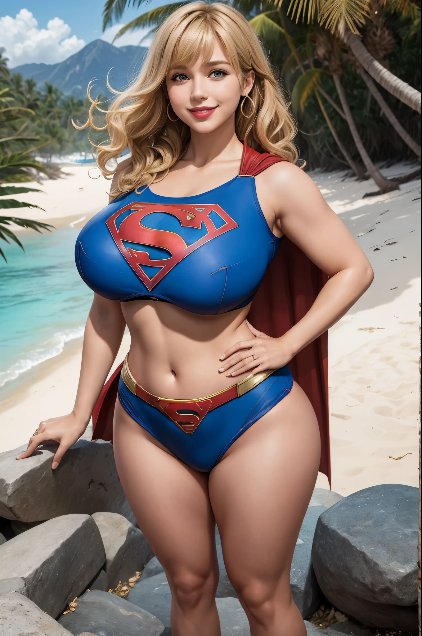 Supergirl, 27 years old, full body view, full body view, full body view, Beautiful woman shoulder length curly blonde hair, two side up with bangs, ringlets, shoulder length curly blonde hair with bangs, two side up, ringlets, shoulder length curly blonde hair with bangs, two side up, ringlets, defined body, (large_:1.5) Red lipstick, smiling slightly, hands free, standing facing camera, (( blue  of Supergirl )), tropical beach daytime (curvy:1.2)
