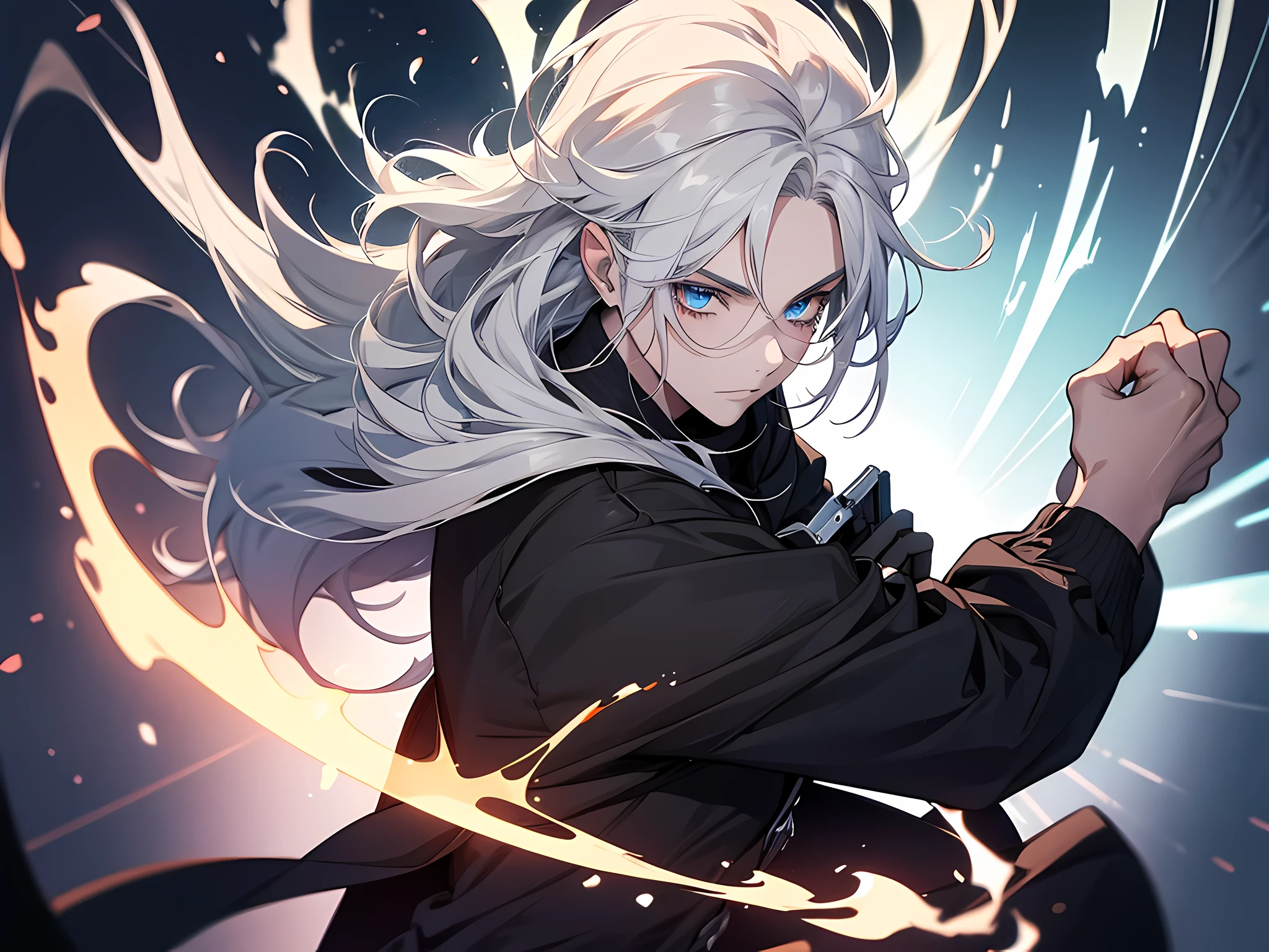 (best quality,highres,ultra-detailed:1.2),anime style drawing of a young white-haired and blue-eyed man without a beard, wielding a red and a blue sword, dressed in a black jacket, detailed eyes, extremely detailed eyes