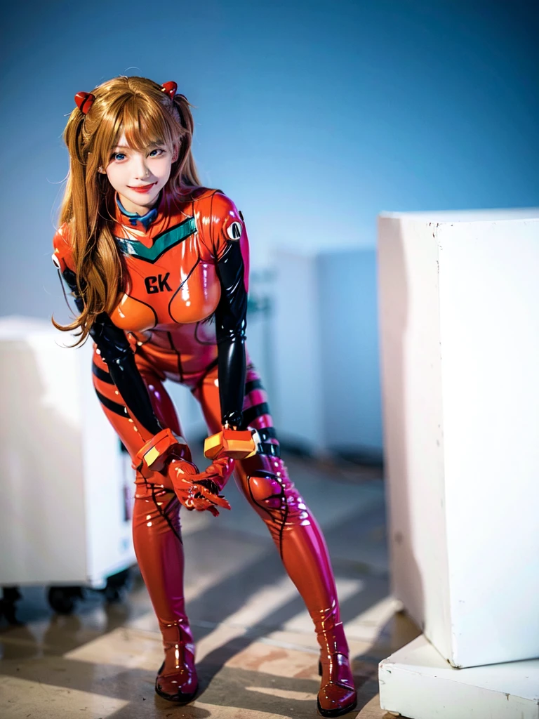 (8K, Photorealistic, Raw photo, of the highest quality: 1.3), (1girl in), Super beautiful, (Realistic face), best quality, masterpiece, realistic, photorealistic, 1girl, solo, looking at viewer, full body, wariza, long hair, asuka cosplay costume, cosplay, plugsuit, bodysuit, hair ornament, simple background, Beautiful expression, Beautiful breasts,exy posing,whole body, composition that shows the whole body, smiling,standing posing