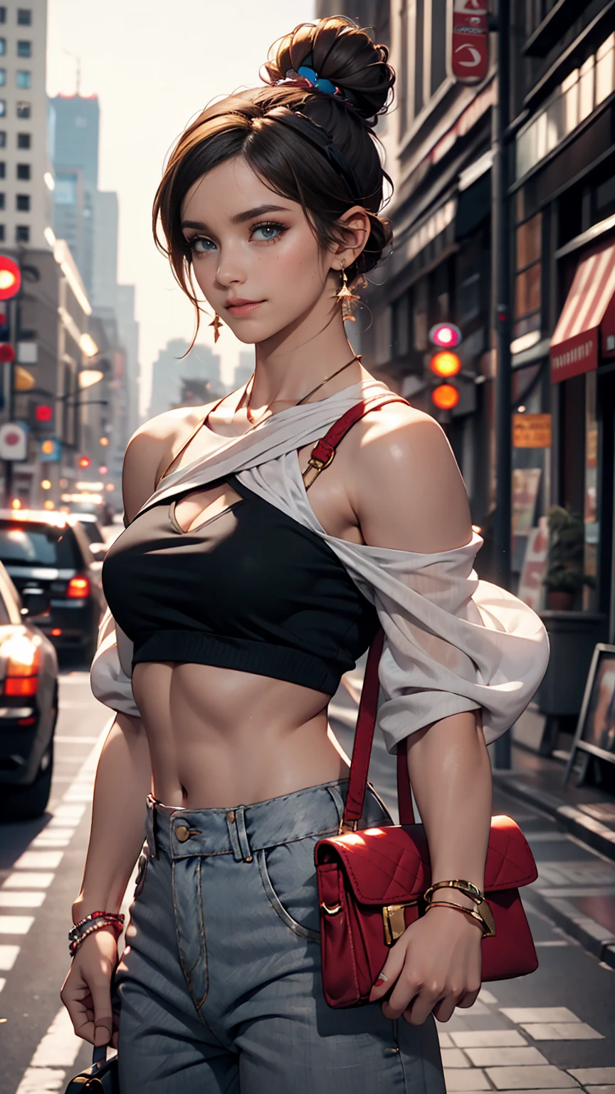 (最high quality, 8K, masterpiece: 1.3, Ultra HD, high quality, 最high quality, High resolution, realism)) 、25-year-old Caucasian female、Brunette、blue eyes、long hair、smile、slim((slim))body shape、The limbs are thin but firm、I want my head to stay off screen、Wear accessories on your wrist、Wearing red nail polish、I have a peticure、Sheer off-the-shoulder top((shoulder cutout tops))Wear、Sheer Aladdin pants((aladdin pants))Wear、サンダルWear、Carry a shoulder bag on your shoulder、Headband((hairband))、Side-swept chignon((side bun))、Skyscraper background、Waiting for a traffic light at an intersection