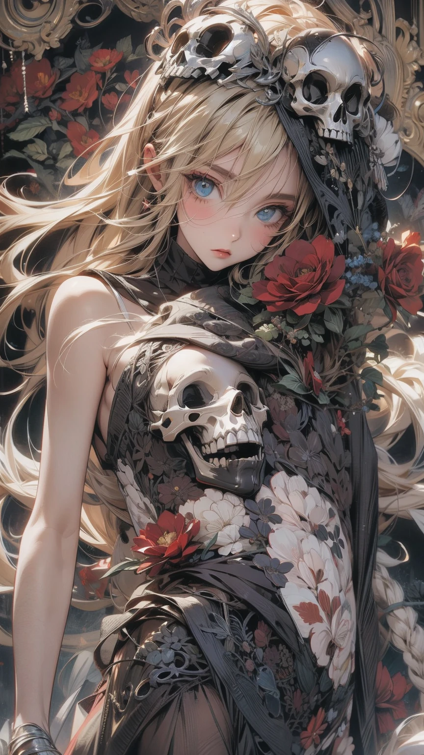 (masterpiece, High resolution, highest quality), Composition from head to thighs:1.3, Upper body focus, A 20-year-old woman wearing a large black cloth over her naked body.:1.3, Skull Mask, Blonde Hair, Disorganized, Black Rose Collage, abstract design, artistic juxtapositions, Black Background, mixed-media approach, Anime Style, simple lines, Digital Painting,