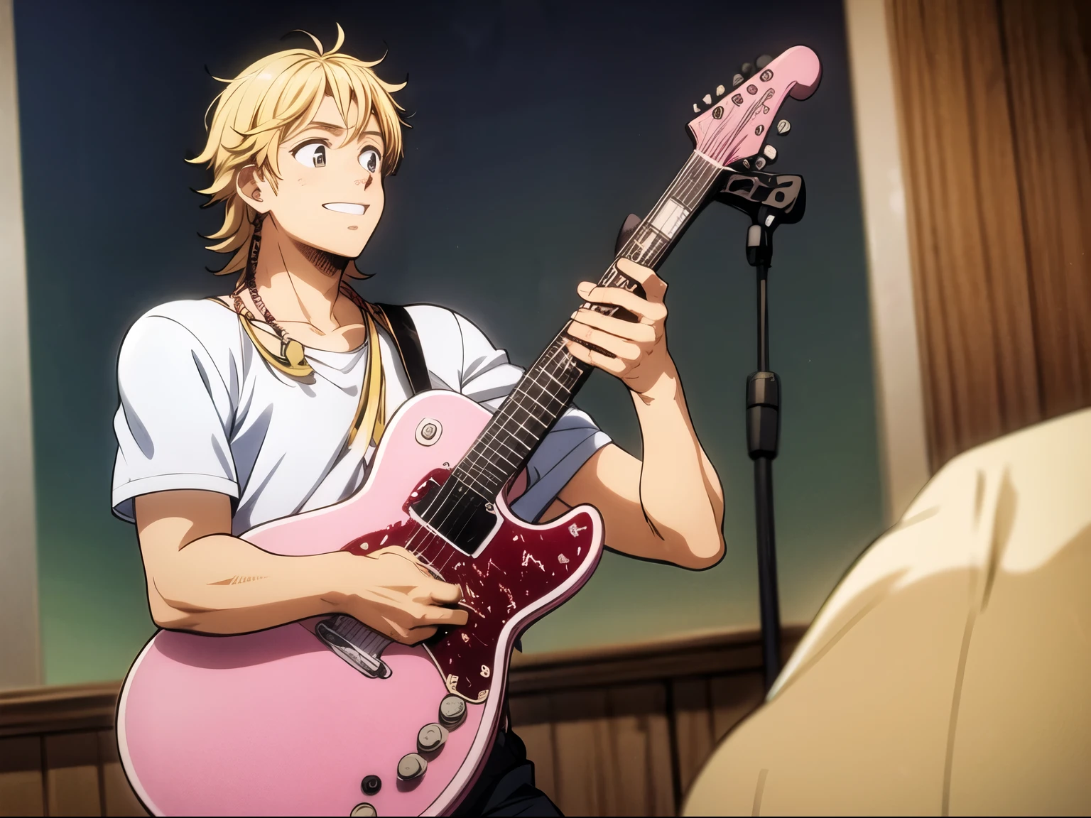 ((melhor qualidade)), ((obra de arte)), (detalhado), rosto perfeito, anime, homem com um sorriso contagiante, extremamente feliz por ter ganho uma guitarra de presente em uma escola de musica. He is admiring it in his hands.