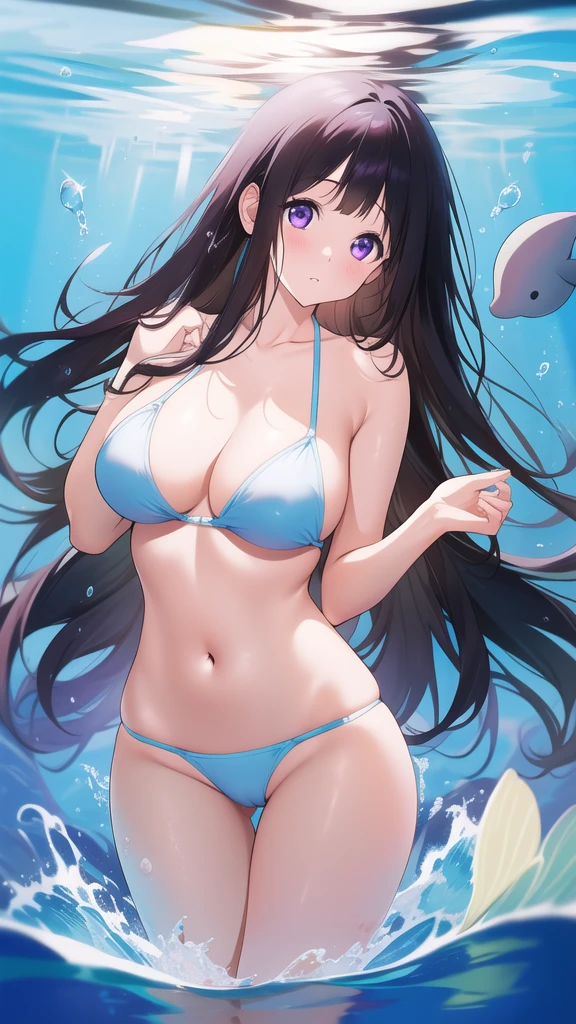 Stunning Chitanda, 只有一个beautiful girl,Purple Eyes, Black Hair, Naturally straight hair, Straight bangs,Extremely refined,Open your lips,Face is so red,The skin is very white,big eyes,Long flowing hair,beautiful girl, Like a dream,Slim,Soft, (Sensual), (Kawaii), Dream quality,naked,Large Breasts,Swimming with fishes in the sea,dolphin,no pants,transparent,Clavicle exposed,naked露的脖子,naked露大腿,Exposing the groin,Camel toe,naked露的双腿,barefoot,extremely shy,Ultra-high resolution, (masterpiece:1.2, best quality), (Exquisite and beautiful eyes: 1.2), (Beautiful and delicate face)