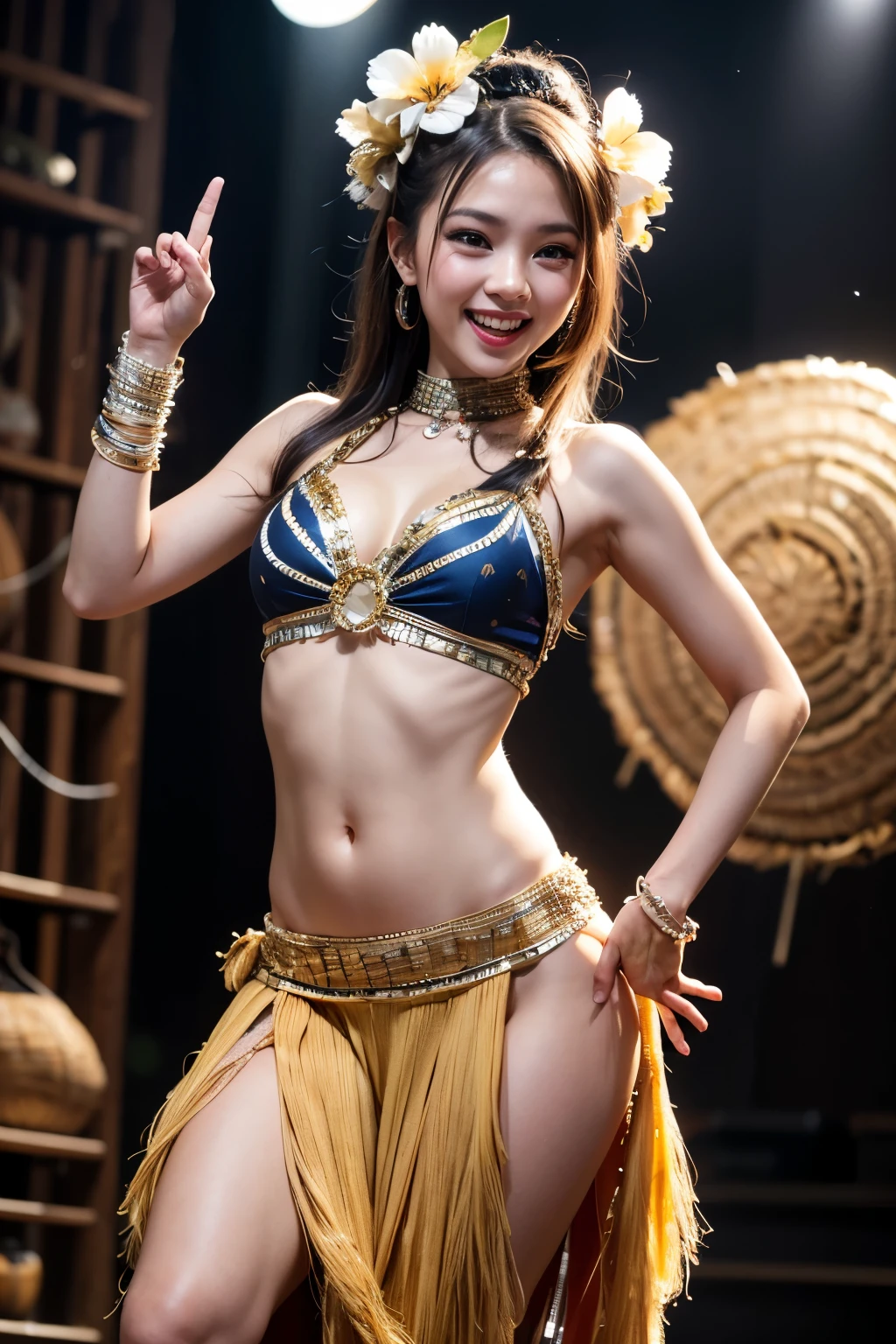 Masterpiece, high resolution, look at this, an 18-year-old neat girl dancing hula dance, detailed eyes, detailed mouth, long eyelashes, detailed facial expressions, sandy beach wood grain stage, hip swing, wriggling, traditional Hula dance costumes, cute, blushing, smiling, cute, sexy.