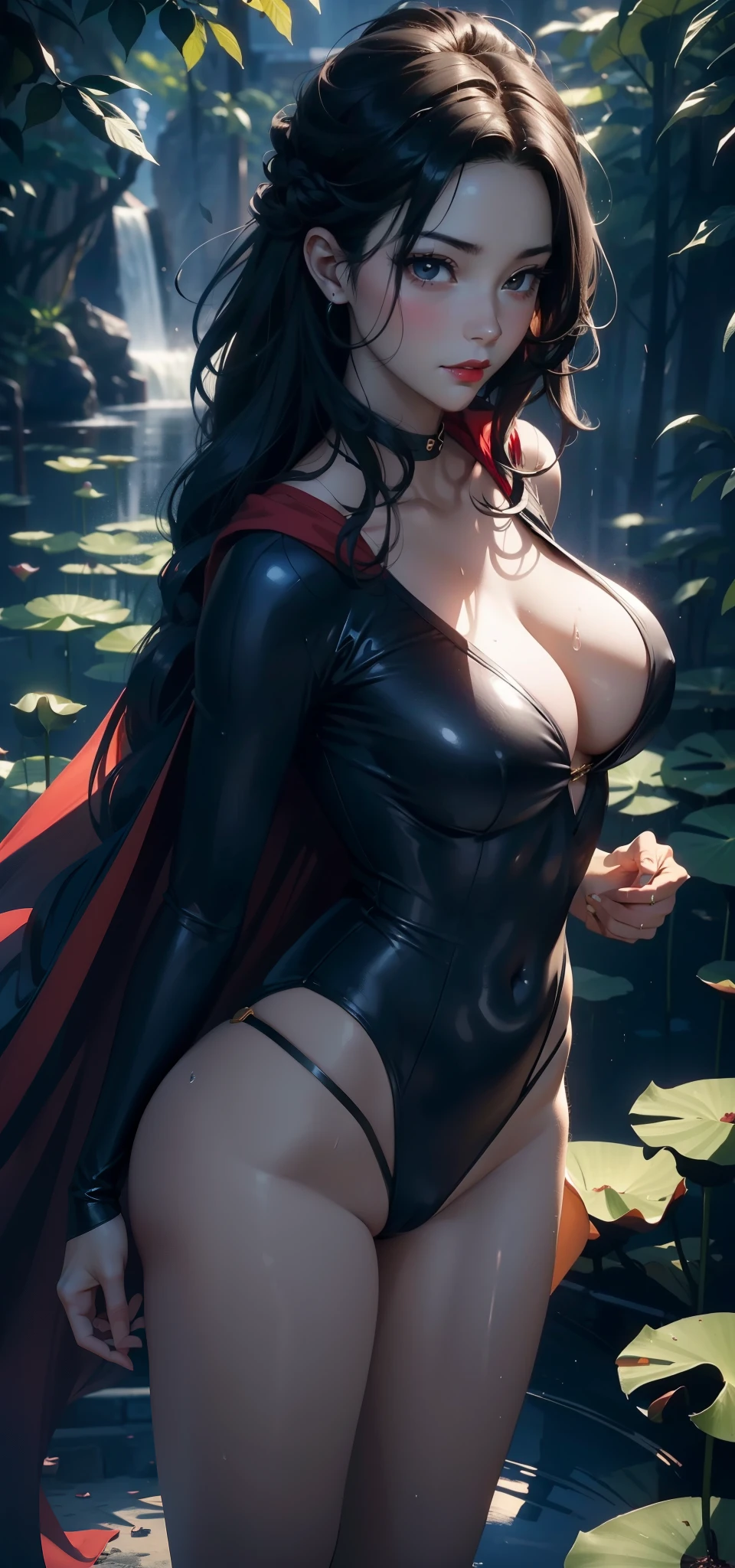 1 female,35 years old,Slim,Very large ,Big breasts and thin waist,Long legs,White skin,Red lips, 1 female,35 years old,MILF,Big breasts and thin waist,Slim,Large chest ,exposure, solo,(background:forest,lotus,lotus,lotus池) She has long black hair,curls,Long hair flying,Stand up,Sweating,Soaked,From the front, Straight Hair, partly cloudy,(((masterpiece),(Very detailed CG unified 8K wallpaper),Best quality,Movie Lighting,細緻的background,Beautiful and delicate eyes,Smart pupils,black eyes,(Very delicate and beautiful),(Beautiful and detailed description of the eyes),Ultra Detailed,masterpiece,)),Facing the camera,high resolution,Ultra Detailed),Exposing breasts,Exposed genitals, Convex,Legs open,Convex起性感,camel toe,Super Girl(Wear:Blue Superman Costume,Red Cape,superman logo)