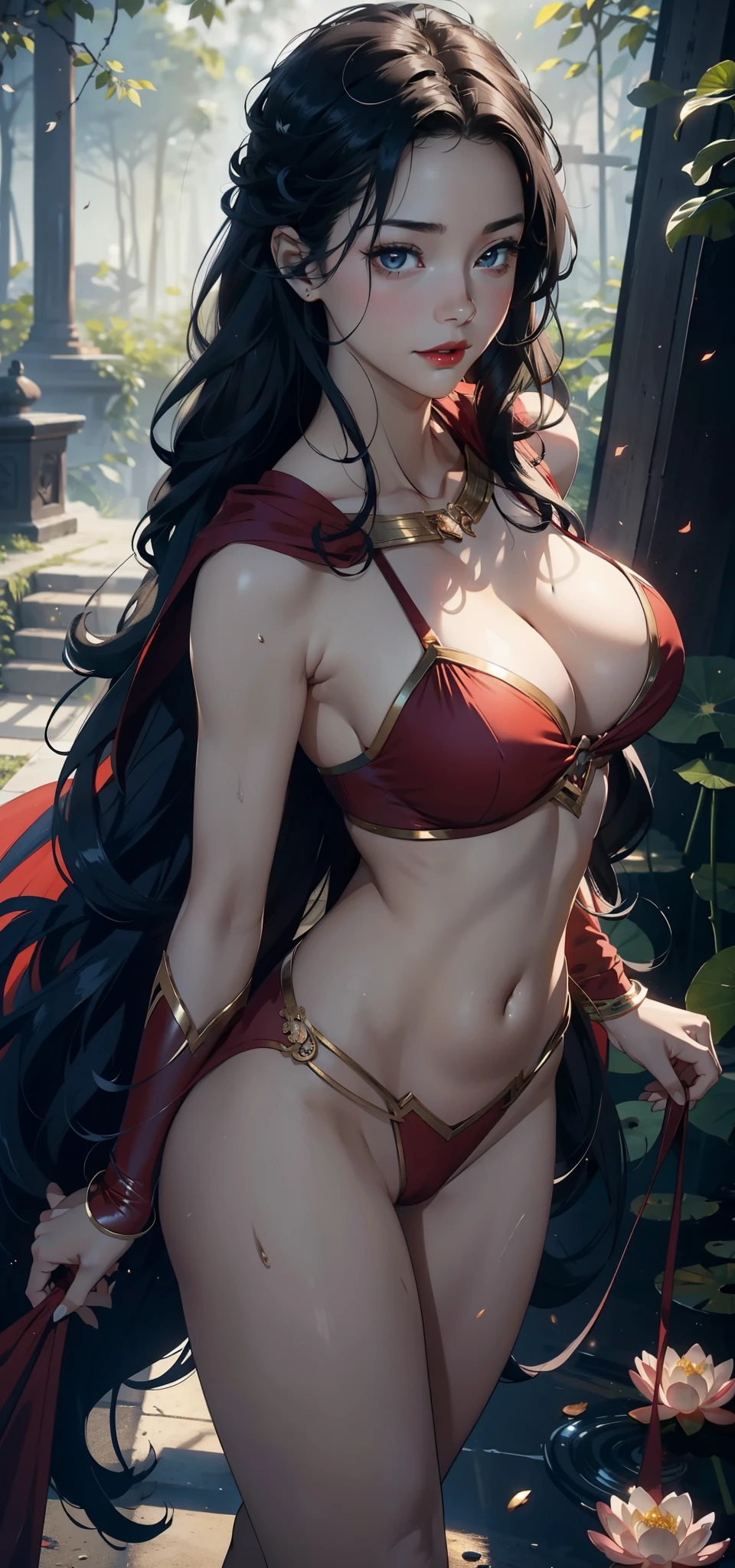 1 female,35 years old,Slim,Very large ,Big breasts and thin waist,Long legs,White skin,Red lips, 1 female,35 years old,MILF,Big breasts and thin waist,Slim,Large chest ,exposure, solo,(background:forest,lotus,lotus,lotus池) She has long black hair,curls,Long hair flying,Stand up,Sweating,Soaked,From the front, Straight Hair, partly cloudy,(((masterpiece),(Very detailed CG unified 8K wallpaper),Best quality,Movie Lighting,細緻的background,Beautiful and delicate eyes,Smart pupils,black eyes,(Very delicate and beautiful),(Beautiful and detailed description of the eyes),Ultra Detailed,masterpiece,)),Facing the camera,high resolution,Ultra Detailed),Exposing breasts,Exposed genitals, Convex,Legs open,Convex起性感,camel toe,Super Girl(Wear:Blue Superman Costume,Red Cape,superman logo)