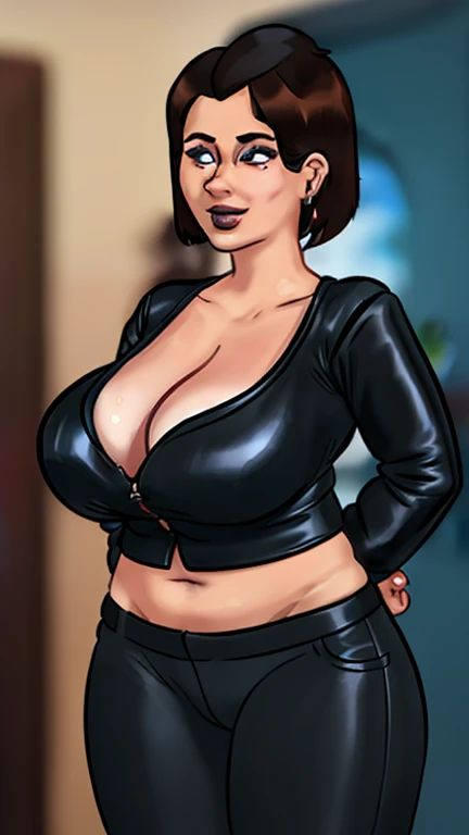((high resolution)), obra de arte, alta qualidade, melhor qualidade, lindo, perfect lighting, rosto detalhado, ultra cute face, ((1 garota)), ((Sozinho)), cabelo preto curto, Messy hair, rabo de cavalo, olhos verdes, copos, goth girl, ((corar)), preocupado, olhando para o espectador, top cropped preto rendado, black leather pants, choques, ((seios pequenos)), (quadris largos) (coxas grossas), rechonchudo, biblioteca, crossed arms,
