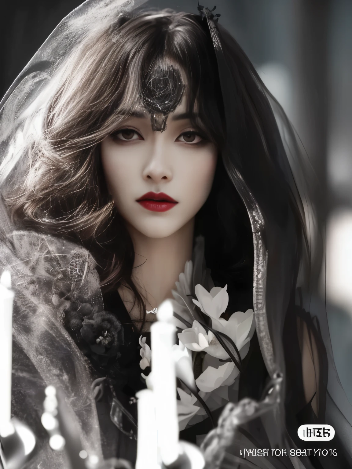 Un primer plano de una mujer con un velo y una vela, gothic aesthetic, gothic art style, ominous gothic aesthetic, cruel korean gothic girl, gothic horror vibes, hermosa reina vampiro, hermosa reina femenina vampiro, hermosa nigromante, hermosa con vibraciones espeluznantes, iu lee ji-eun como supervillano, goth face, estilo oscuro y de terror, hermosa y elegante reina demonio