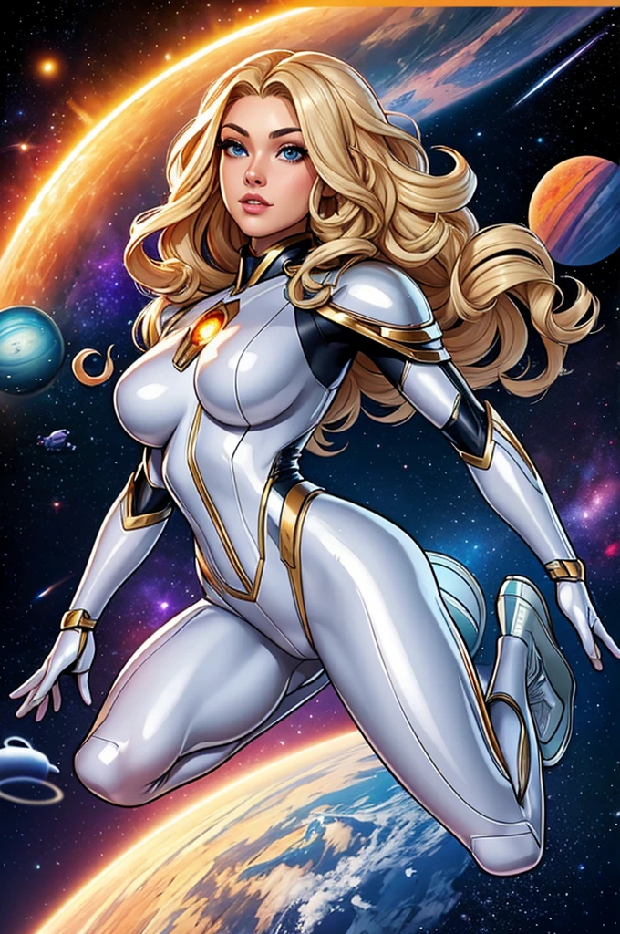 best quality, masterpiece, woman space super hero, beautiful face,full body,hi-tech armour over silver latex suit, long curly blonde hair,flying in super hero pose in deep space, with several planets and suns in the background