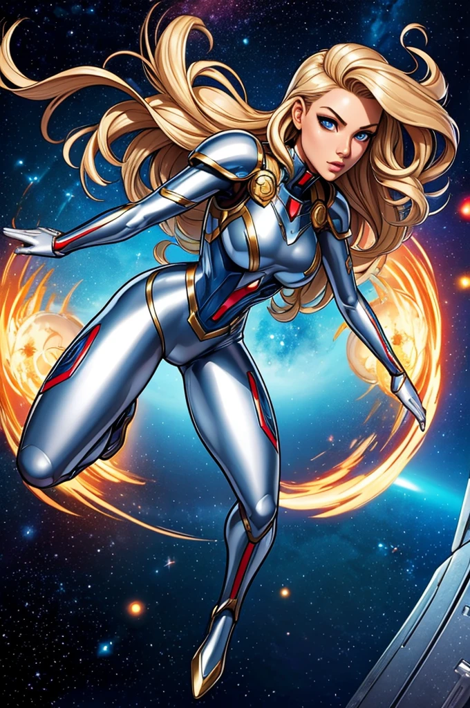 best quality, masterpiece, woman space super hero, beautiful face,full body,hi-tech armour over silver latex suit, long curly blonde hair,flying in super hero pose in deep space, with several planets and suns in the background
