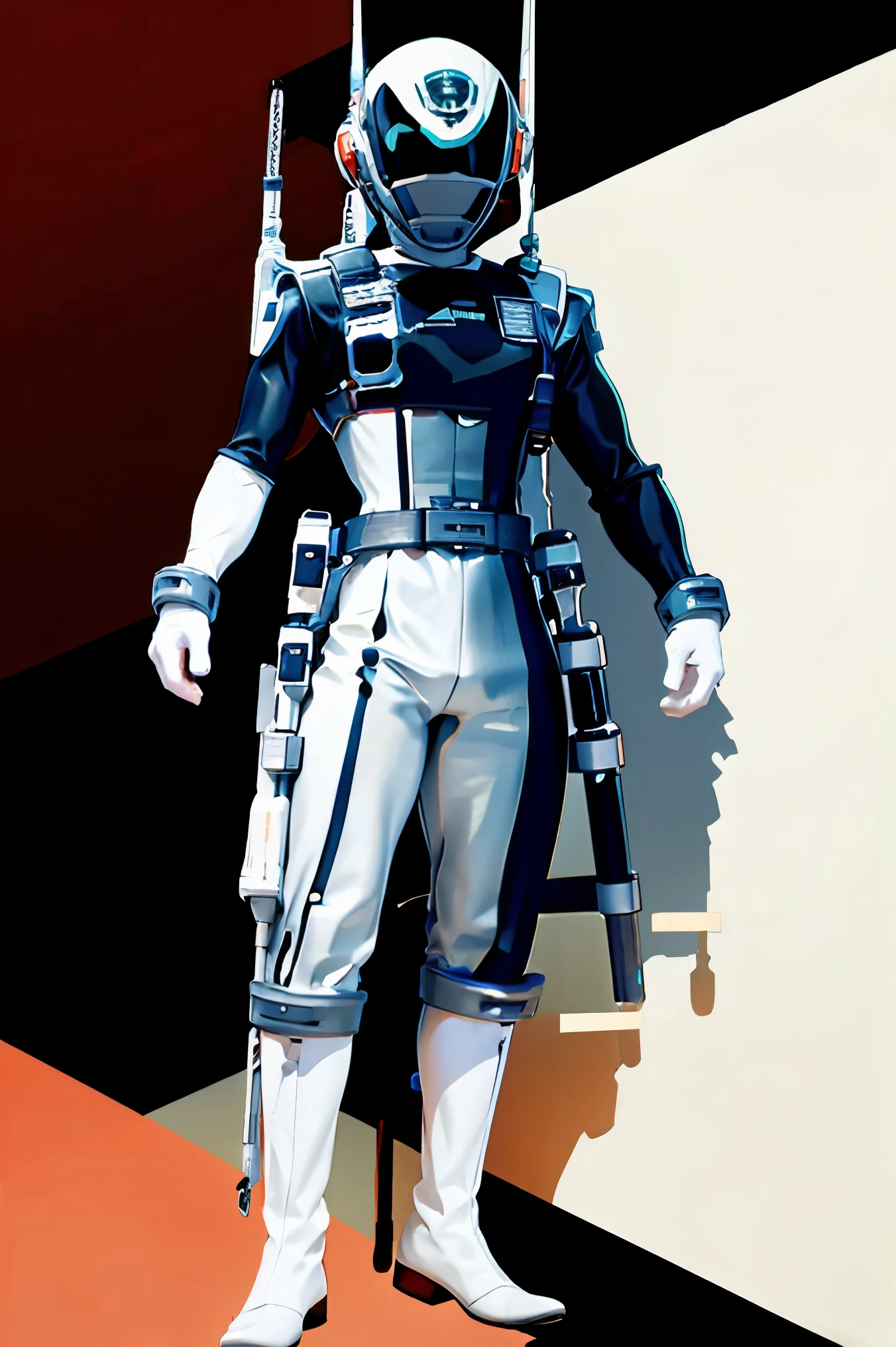 (of the future, sci-fi)A man dressed all in white, blonde hair, white gloves, full body suit, Can see hands, I can see, Pale skin, Beautiful face, Masterpiece, white of the future mask covering mouth, The eyes can see, evil intentions, weapon in hand, soldiers behind, Can see weapons