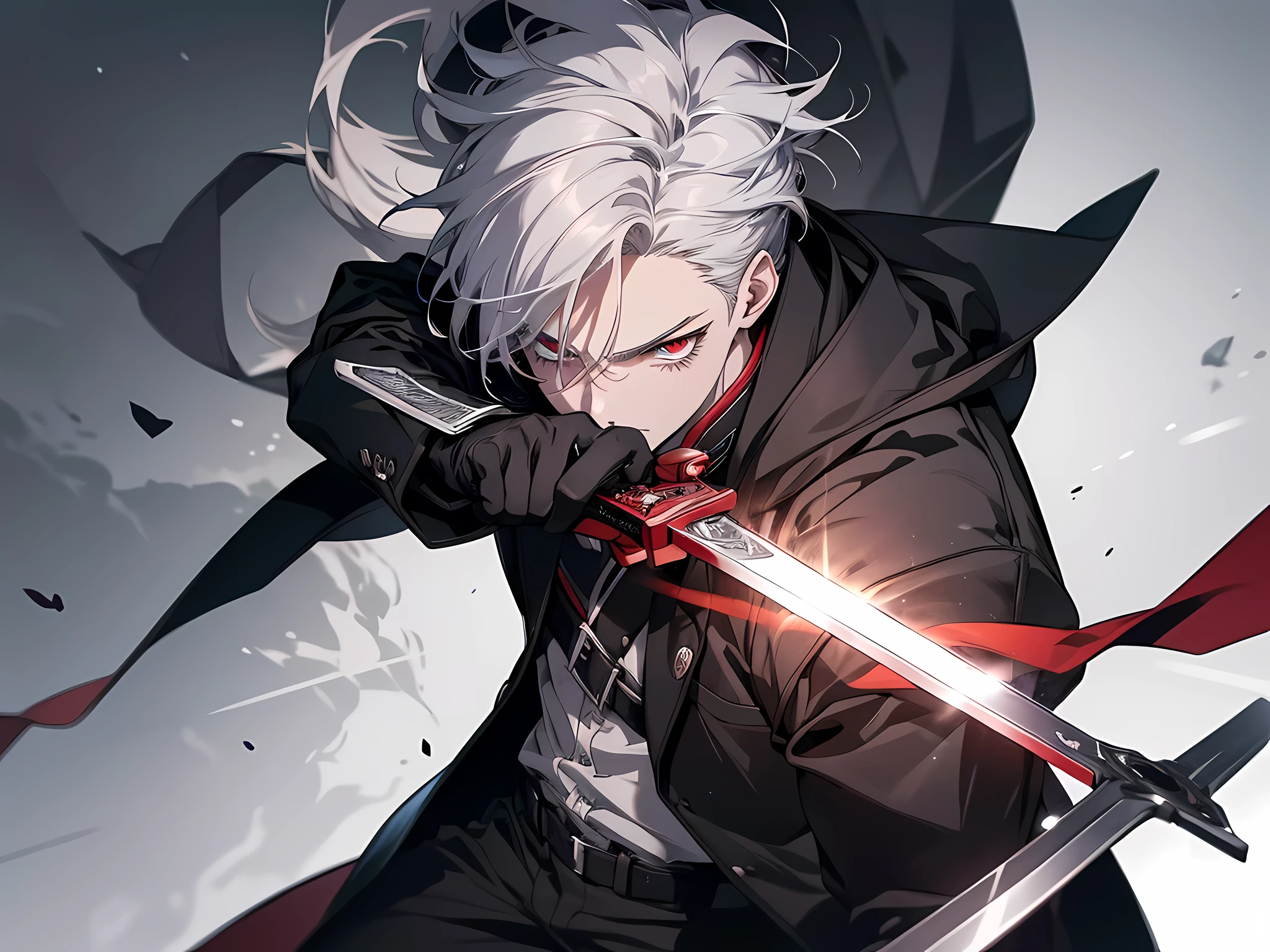 (best quality,highres,ultra-detailed:1.2),anime style drawing of a young white-haired and red-eyed man without a beard, wielding a red and a blue sword, dressed in a black jacket, detailed eyes, extremely detailed eyes