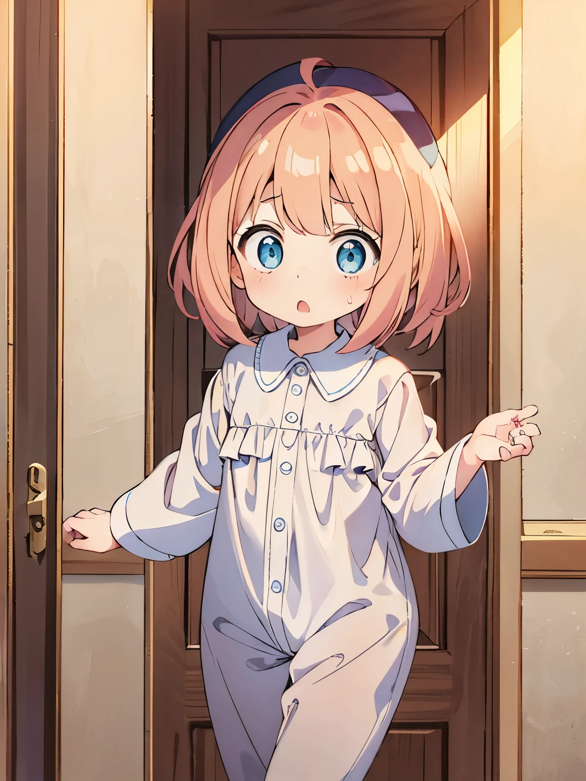 1girl,6 years old,Walking,Shocked expression, in the royal chamber,, blonde hair, blue eyes, wearing a white pajamas, very cute, very short hair, side bangs,ultra detail, ultra HD