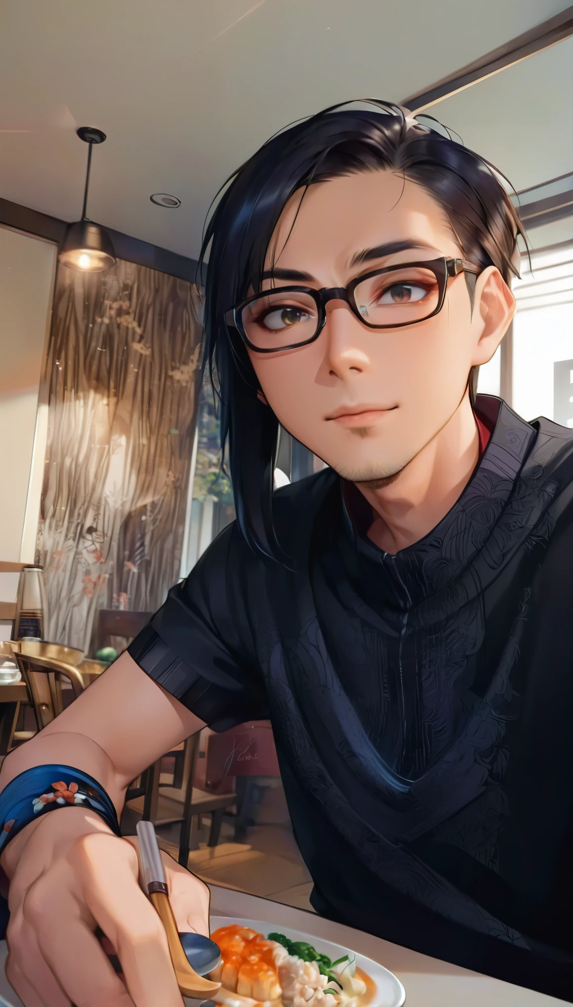 there is a man sitting at a table with a plate of food, with glasses, sakimichan, with glasses on, handsome japanese demon boy, as an anime character, ilya kuvshinov with long hair, yanjun chengt, taken in the early 2020s, yukio - e, 