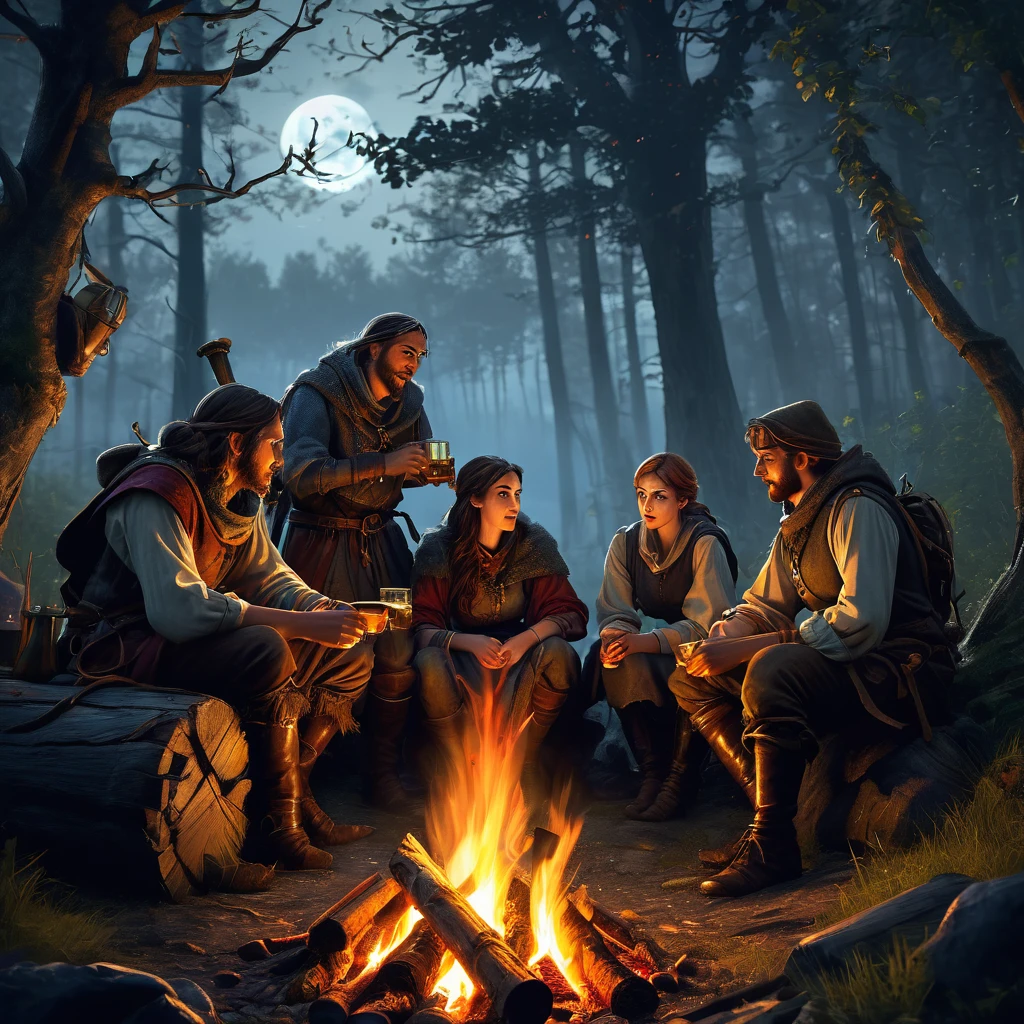 (a group of fantasy adventurers sitting close to a campfire,drinking mead and telling tall tales),(fantasy,adventurer,group:1.1),(campfire:1.1,fire),(mead,drinking:1.1),(telling tall tales:1.1),(haunted woods,woods,forest),(gleaming eyes:1.1,watching hungrily,hungry eyes,eyes in the darkness:1.2),(fantasy creatures,creatures,monsters),(darkness:1.1,eerie),(mysterious atmosphere:1.1),(mysterious sounds,sounds),(flickering firelight:1.1),(distant howls),(mystical:1.1,enchanted),(medieval setting:1.1),(moonlit),(adventure:1.1,exciting),(magic:1.1),unpredictable), (fantastical:1.1),(mystic:1.1)