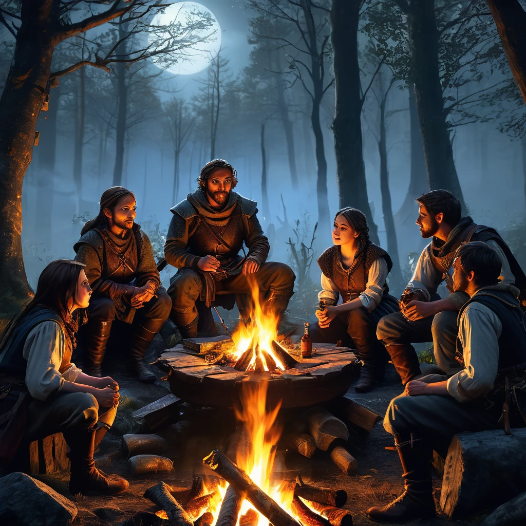 (a group of fantasy adventurers sitting close to a campfire,drinking mead and telling tall tales),(fantasy,adventurer,group:1.1),(campfire:1.1,fire),(mead,drinking:1.1),(telling tall tales:1.1),(haunted woods,woods,forest),(gleaming eyes:1.1,watching hungrily,hungry eyes,eyes in the darkness:1.2),(fantasy creatures,creatures,monsters),(darkness:1.1,eerie),(mysterious atmosphere:1.1),(mysterious sounds,sounds),(flickering firelight:1.1),(distant howls),(mystical:1.1,enchanted),(medieval setting:1.1),(moonlit),(adventure:1.1,exciting),(magic:1.1),unpredictable), (fantastical:1.1),(mystic:1.1)