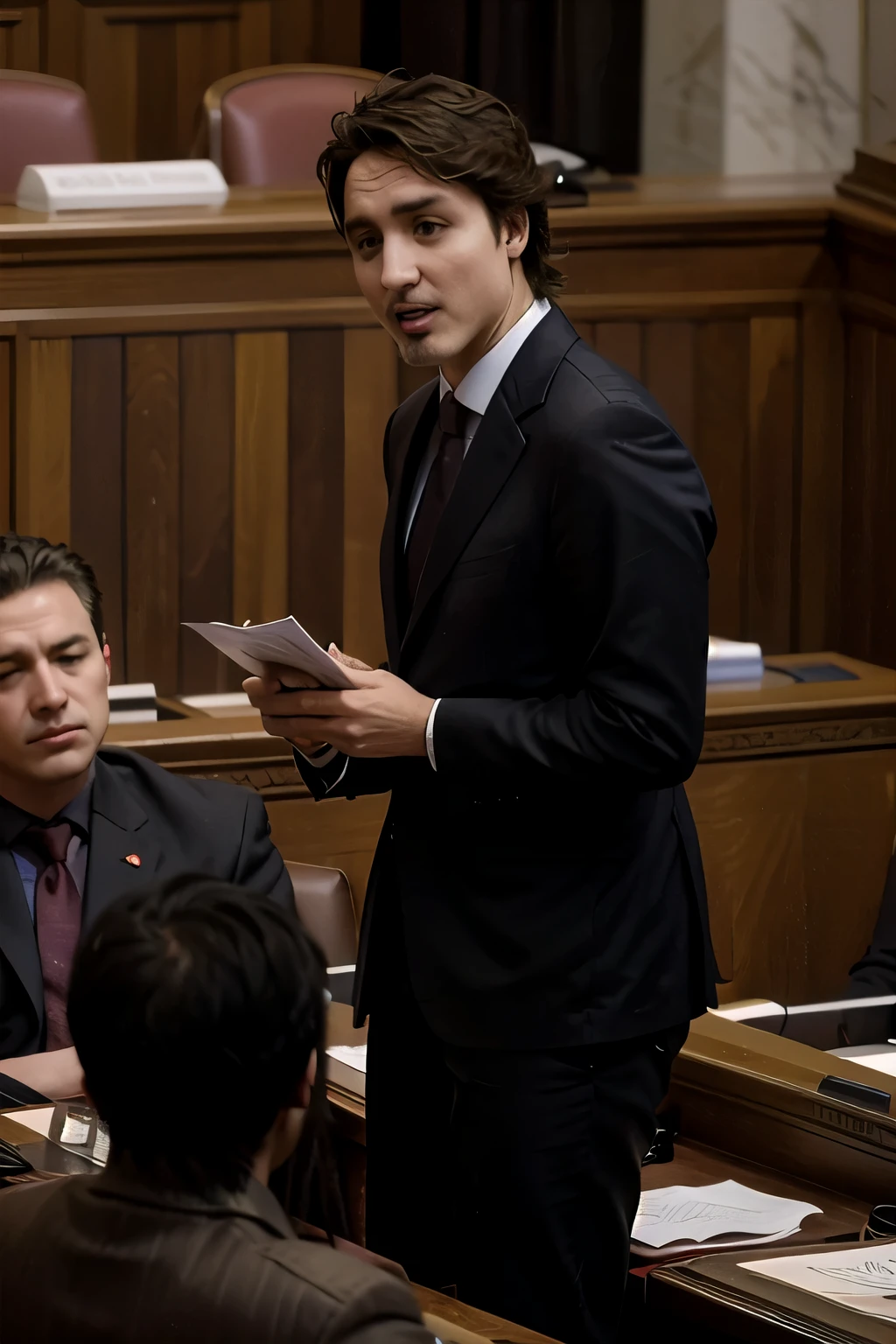 Justin Trudeau giving a lecture in the Canadian Parliament in Ottawa. Show Trudeau speaking with passion and conviction to the media