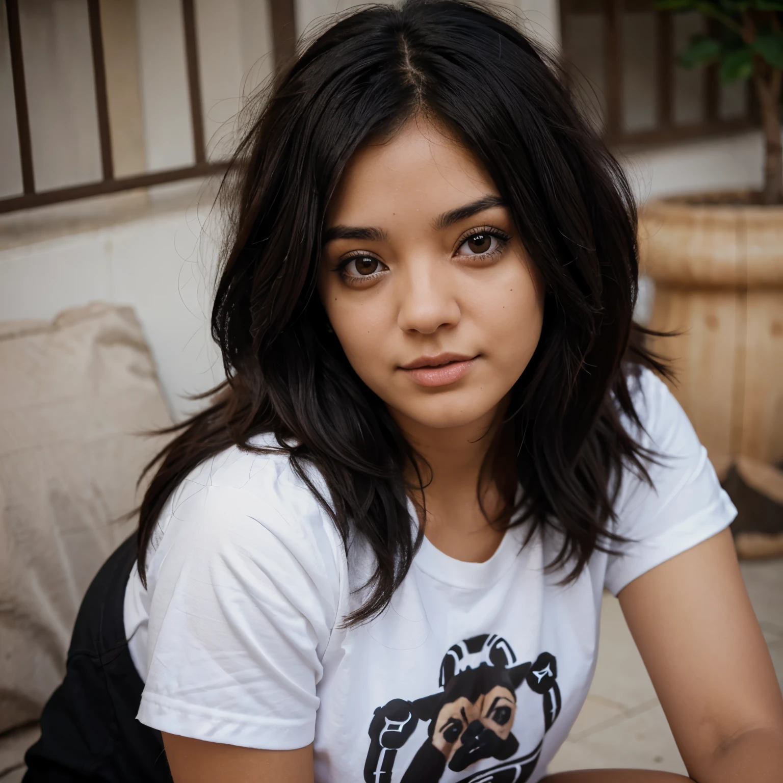 Chica guapa de cabello negro con un cachorro pug