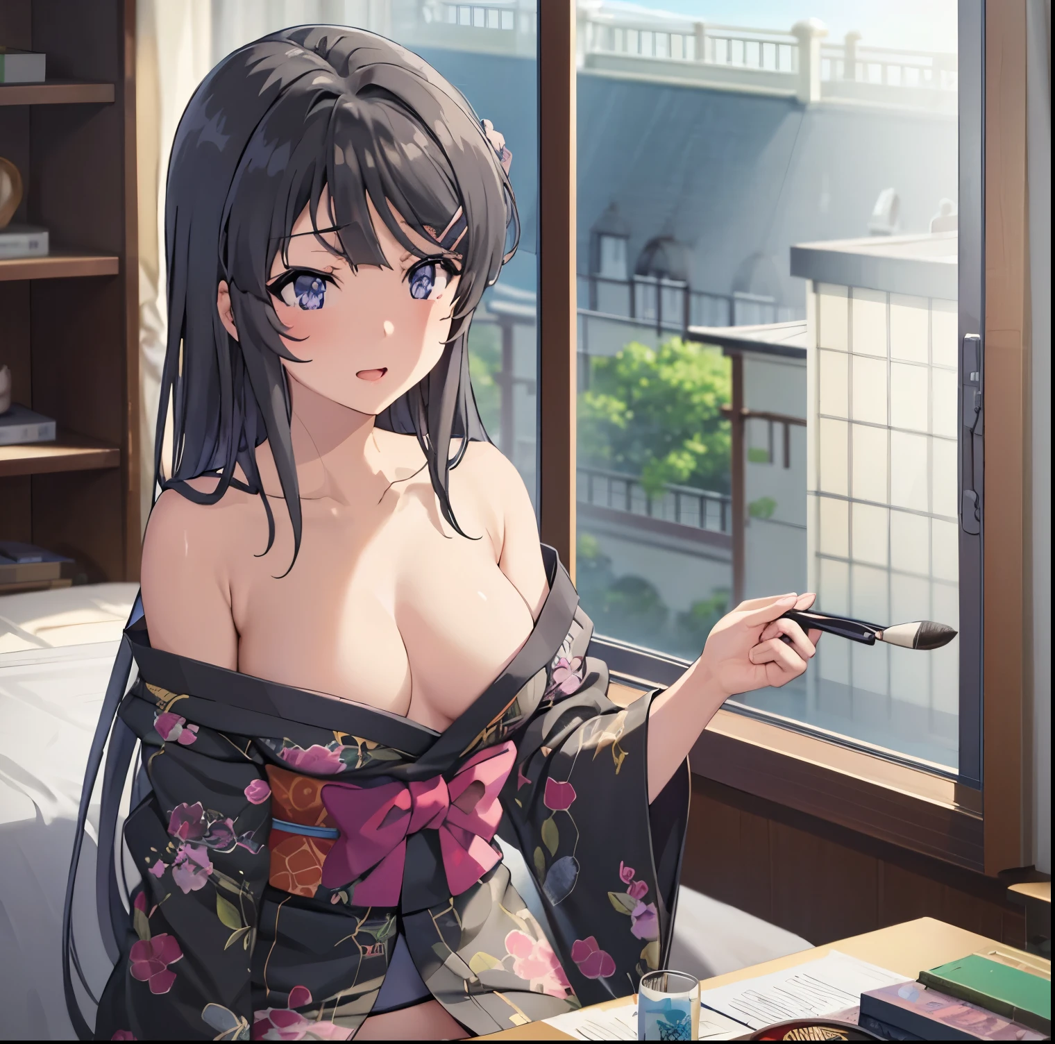 sakurajima mai, (masterpiece), 1girl, alone ,japanese clothes, solo, sexy kimono, kimono, show panties, show bra, black panties, black bra, medium breasts, cleavage, blush, paintbrush, calligraphy brush, bedroom background, ink, bare breasts, off breast, looking at viewer, sash, smile, collarbone, sitting, obi, floral print, wide sleeves, parted bangs, between breasts, holding, open mouth, nsfw, low-necked, sexy, (high resolution), good hands, good anatomy